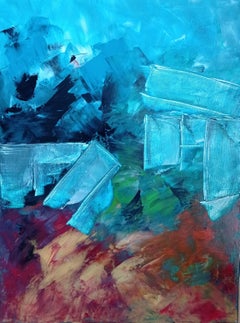 Pittura astratta espressionista contemporanea di colore blu con forme  "Storia 0.2"