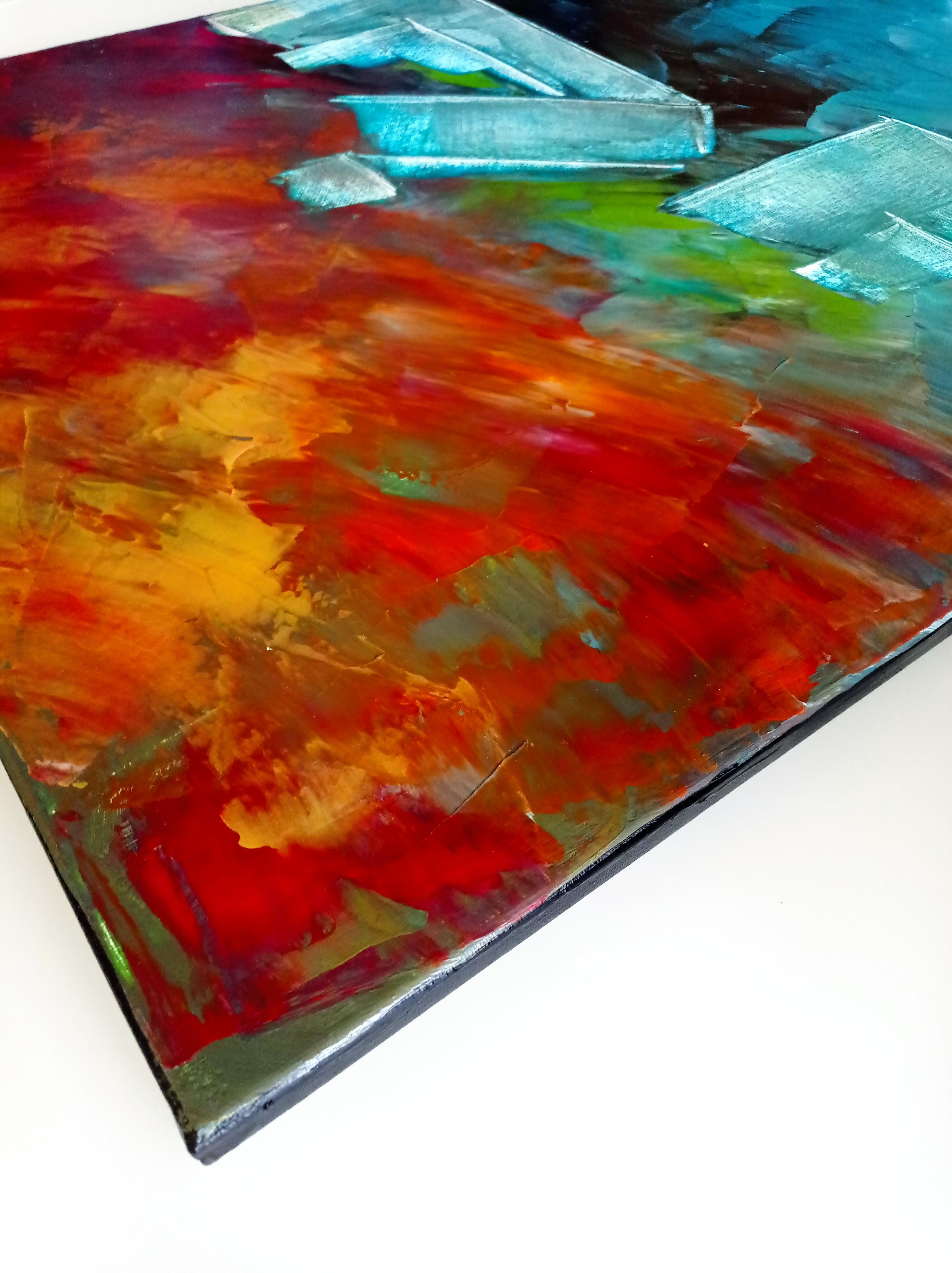 Contemporary abstract expressionist blue painting with forms 