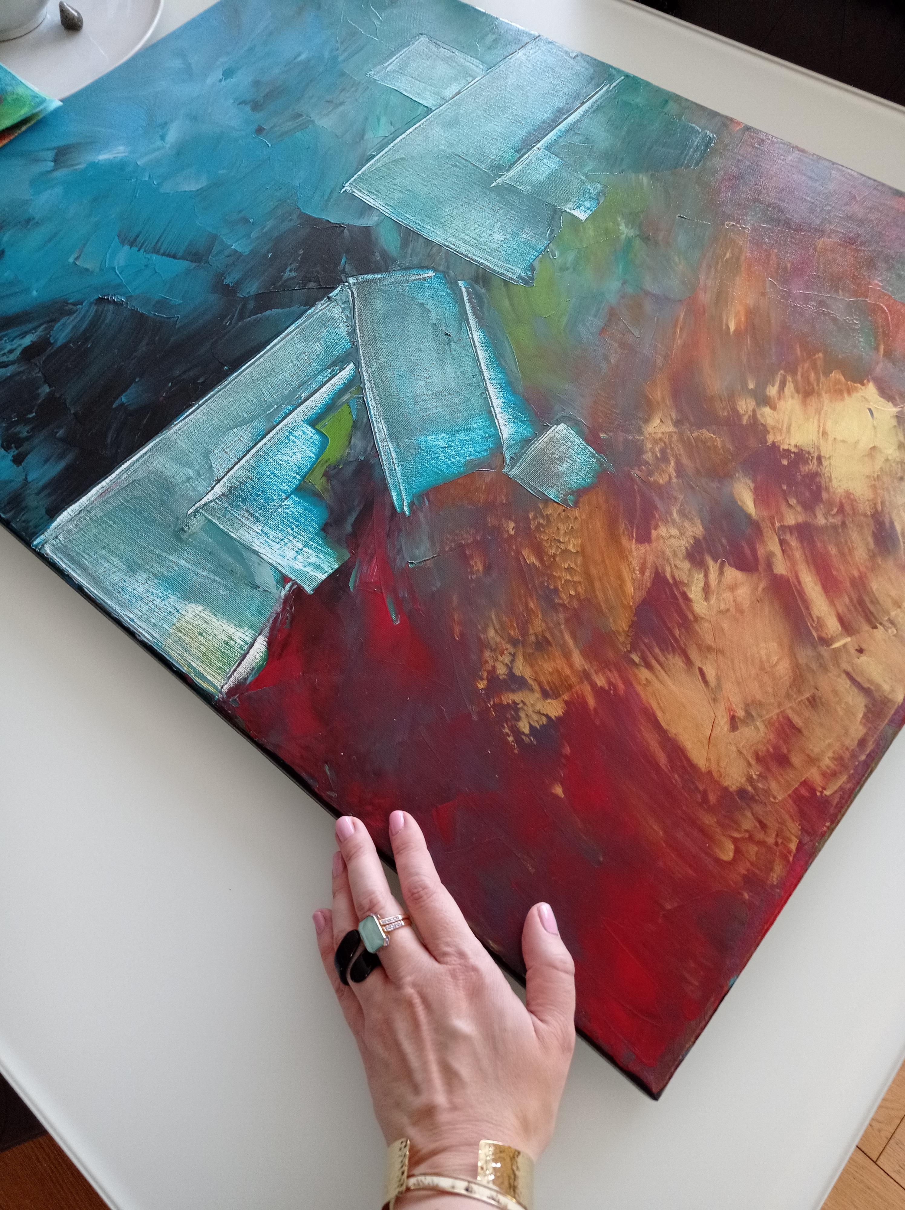 Contemporary abstract expressionist blue painting with forms 