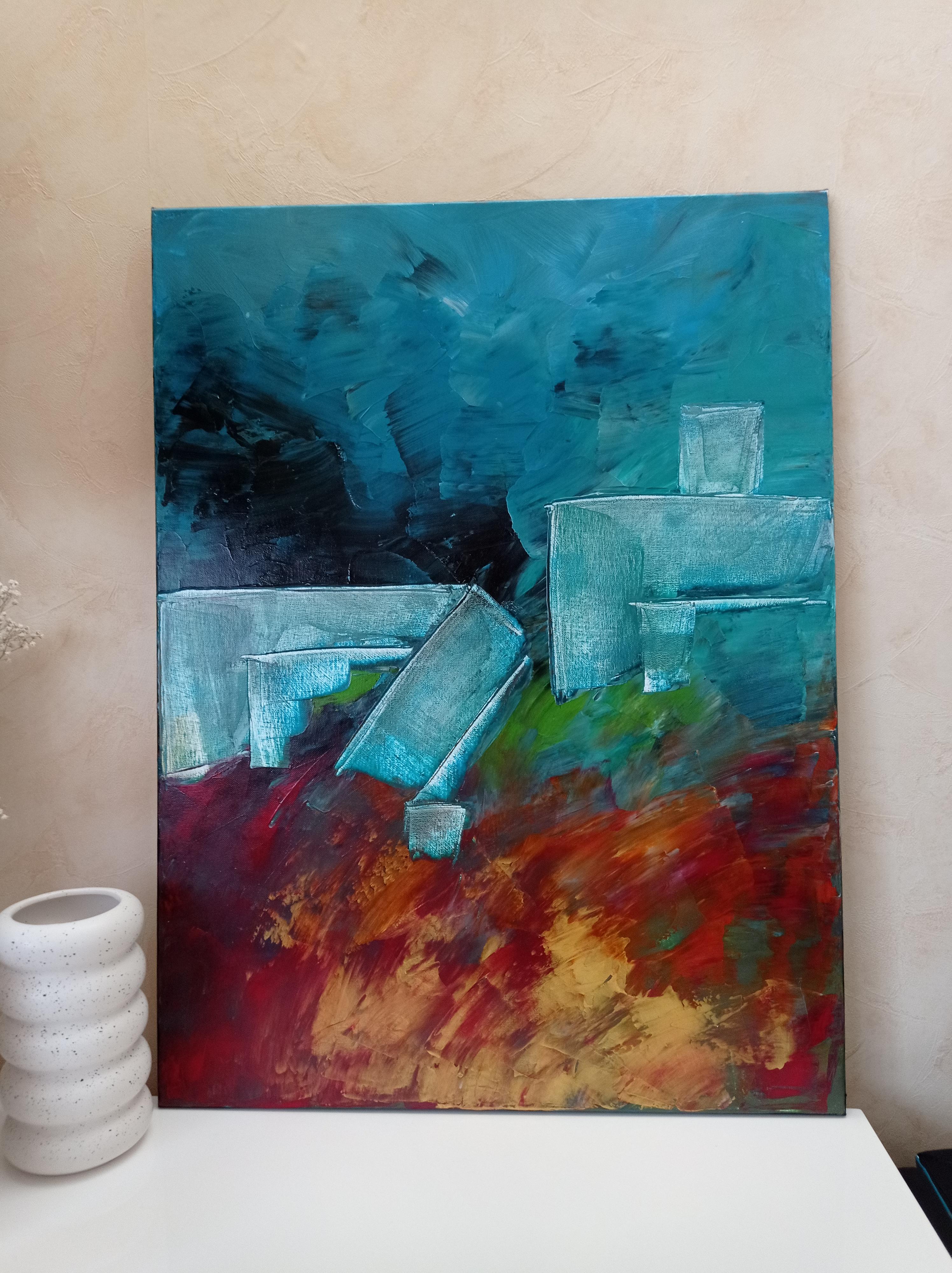Contemporary abstract expressionist blue painting with forms 