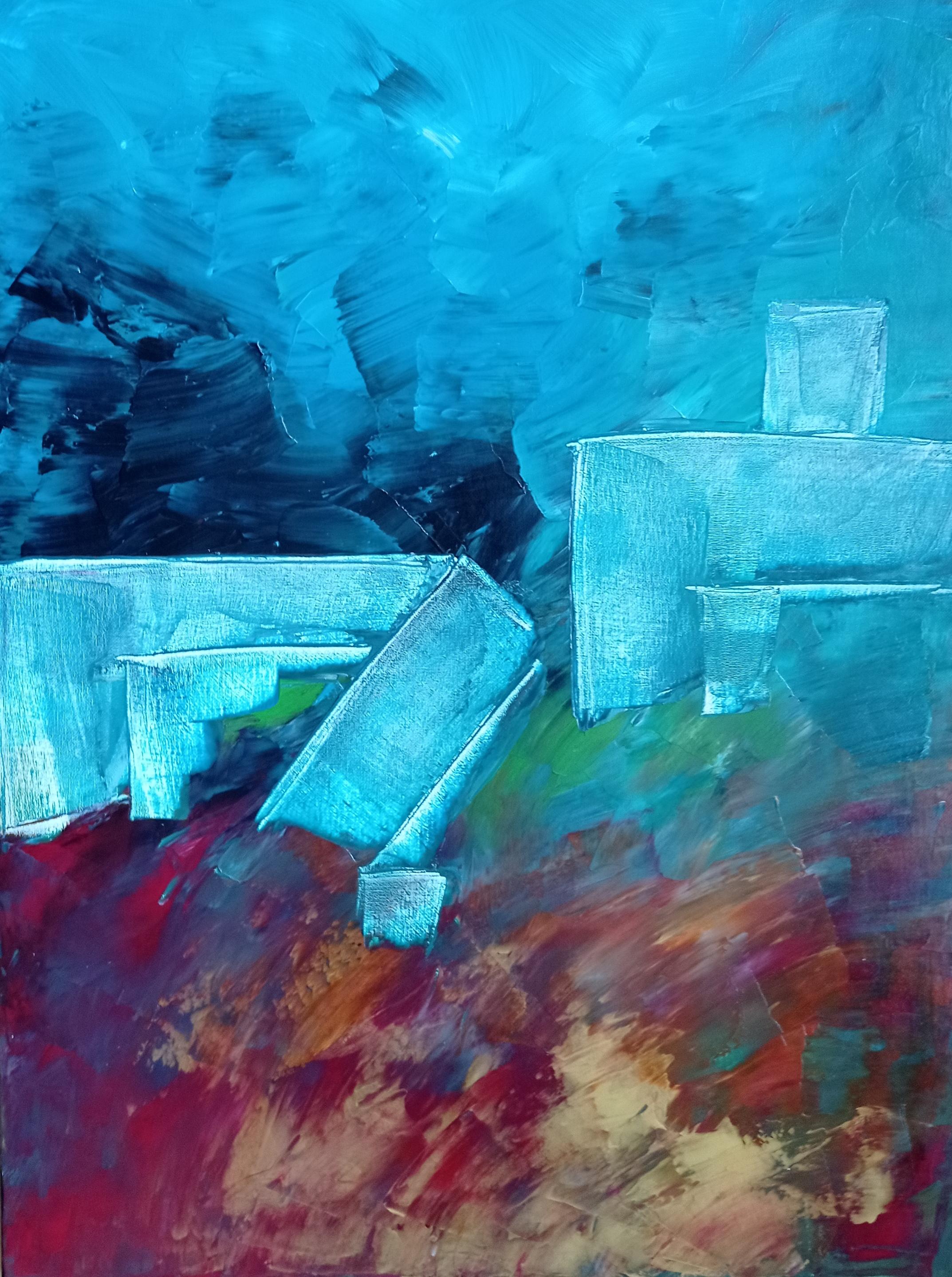 Quadro astratto espressionista contemporaneo di colore blu con forme "Story O.1".