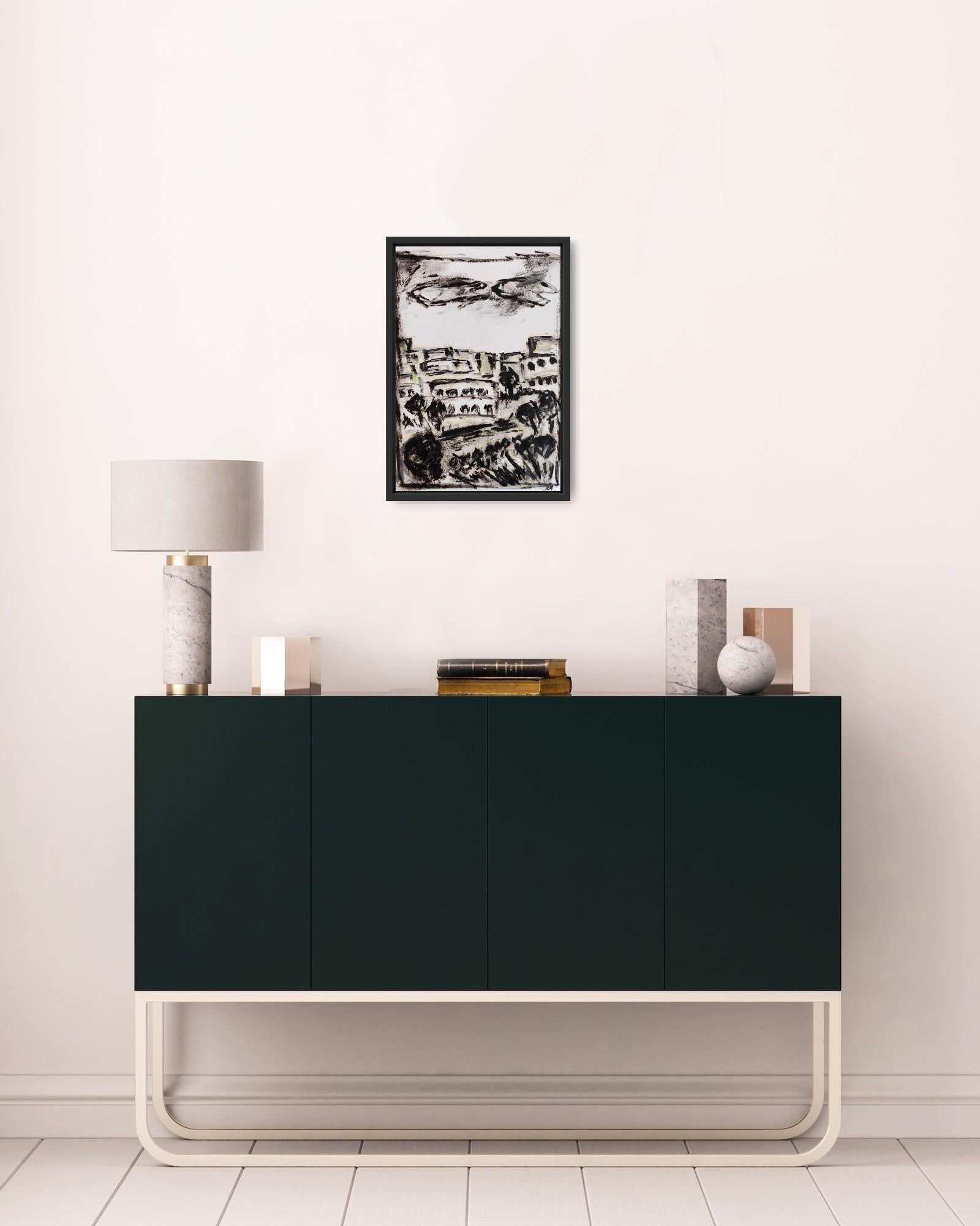 Pittura ad olio su carta di un paesaggio moderno semi-astratto in bianco e nero in vendita 5