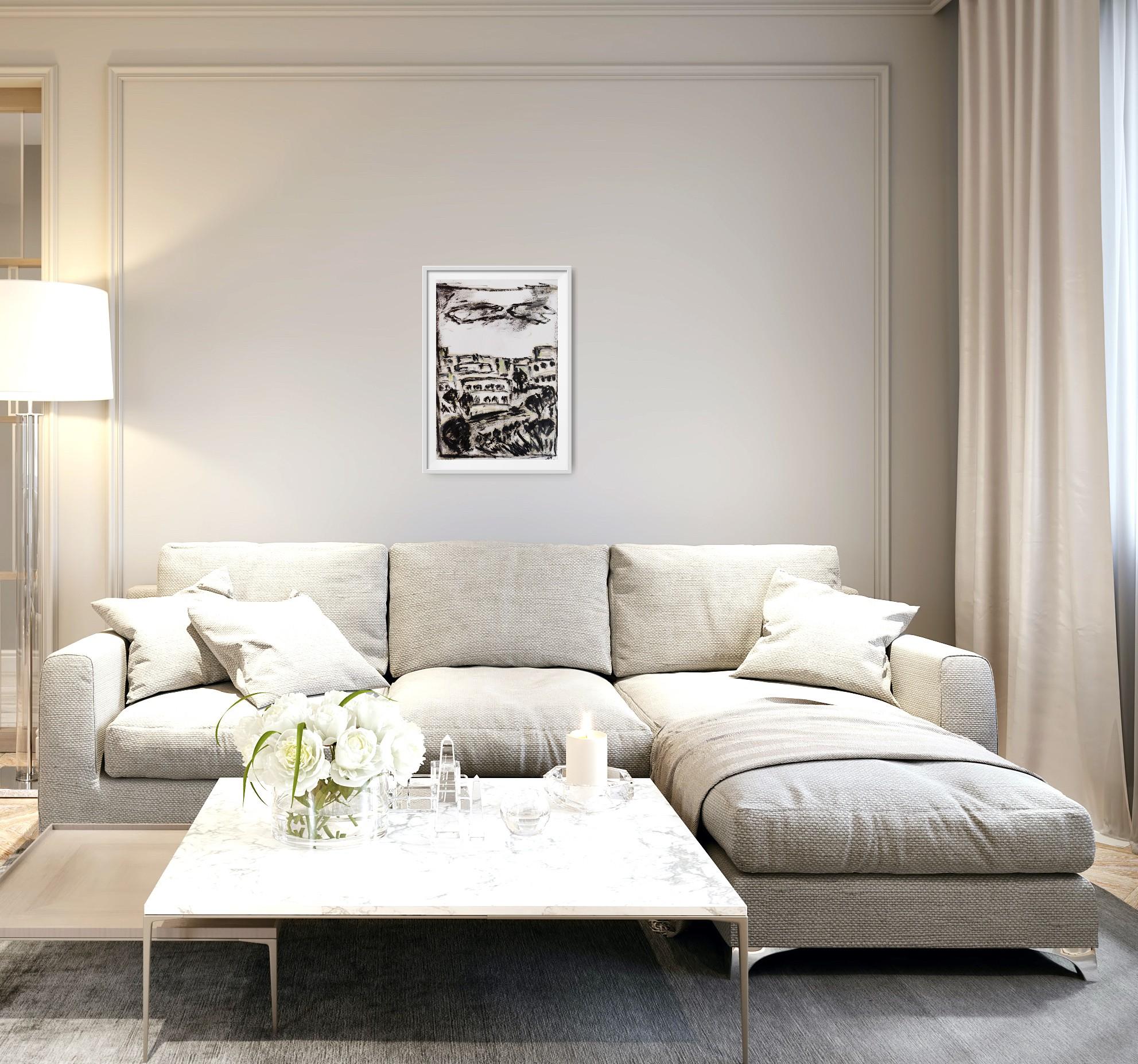 Pittura ad olio su carta di un paesaggio moderno semi-astratto in bianco e nero in vendita 7