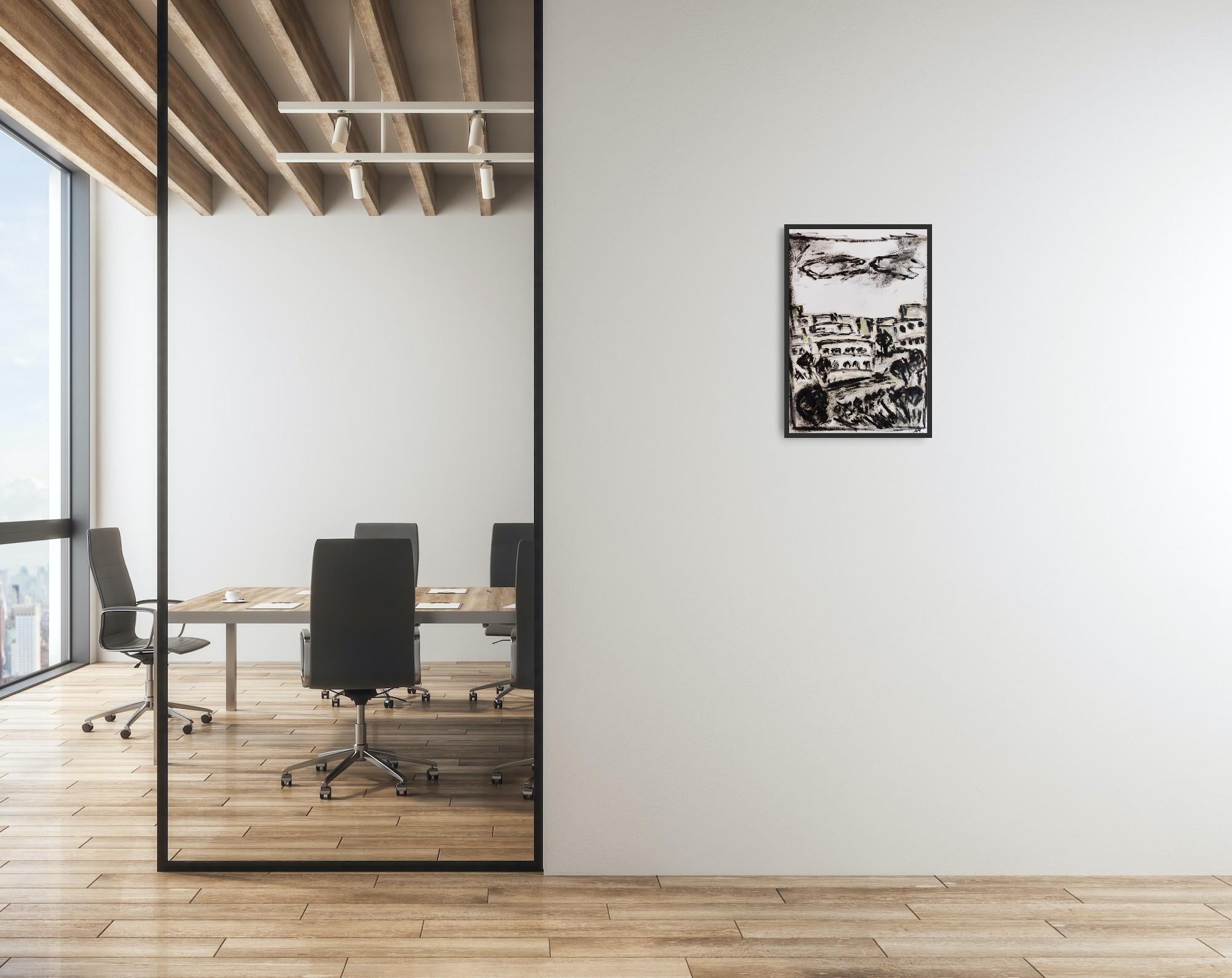 Pittura ad olio su carta di un paesaggio moderno semi-astratto in bianco e nero in vendita 8