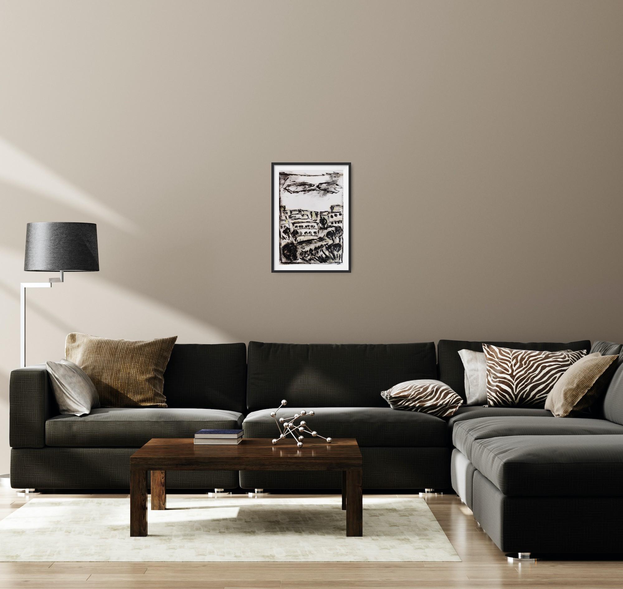 Pittura ad olio su carta di un paesaggio moderno semi-astratto in bianco e nero in vendita 9