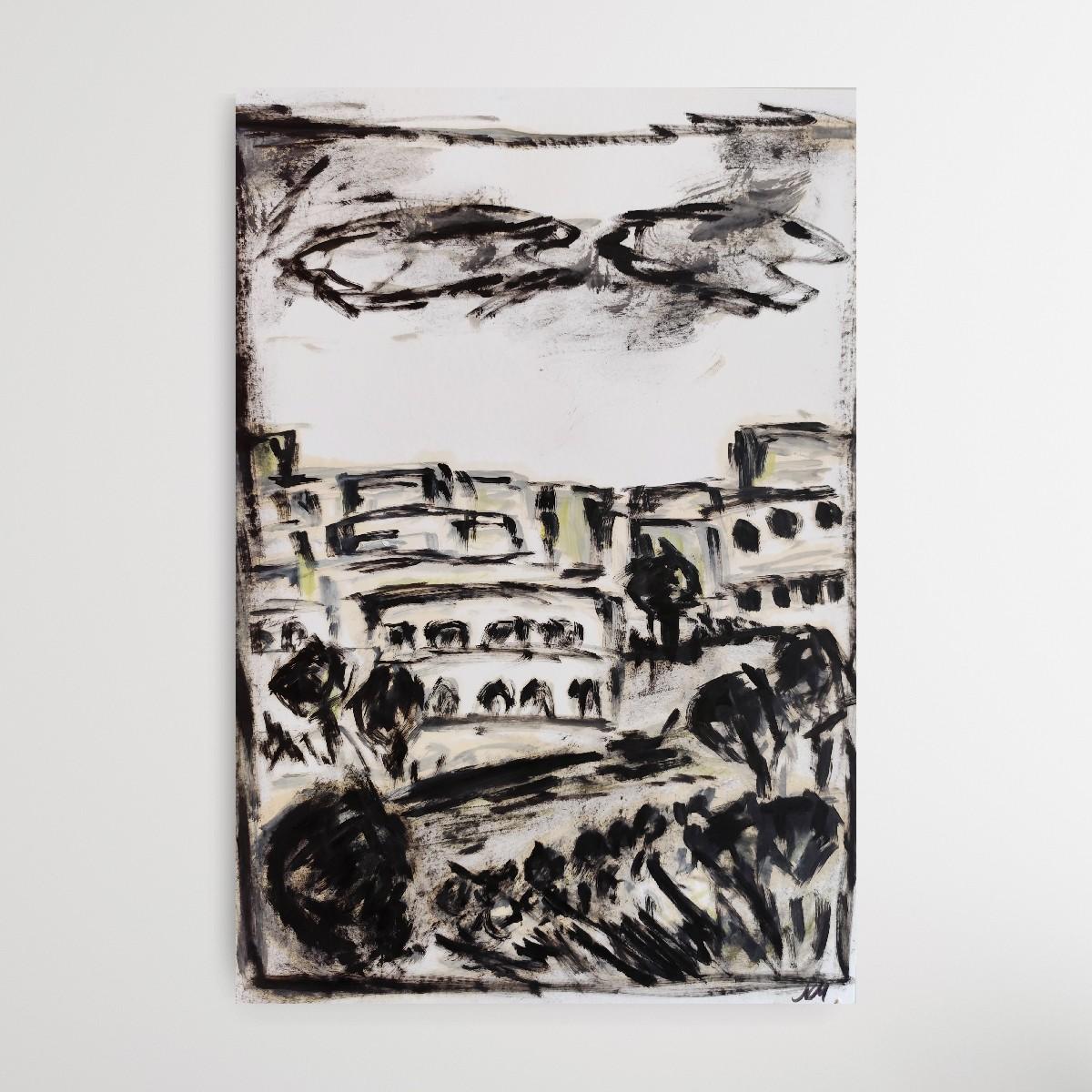 Pittura ad olio su carta di un paesaggio moderno semi-astratto in bianco e nero in vendita 11