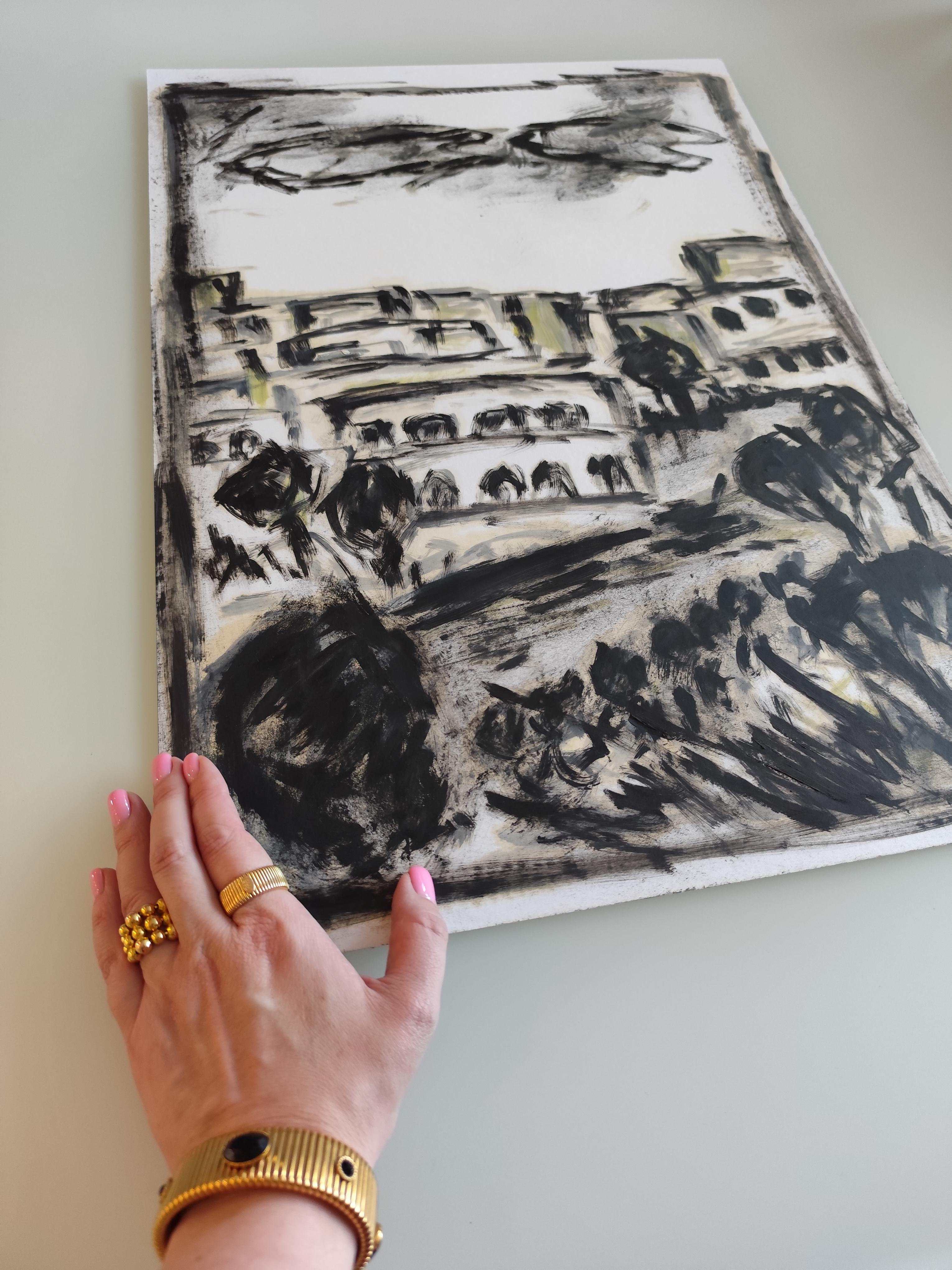 Pittura ad olio su carta di un paesaggio moderno semi-astratto in bianco e nero in vendita 12