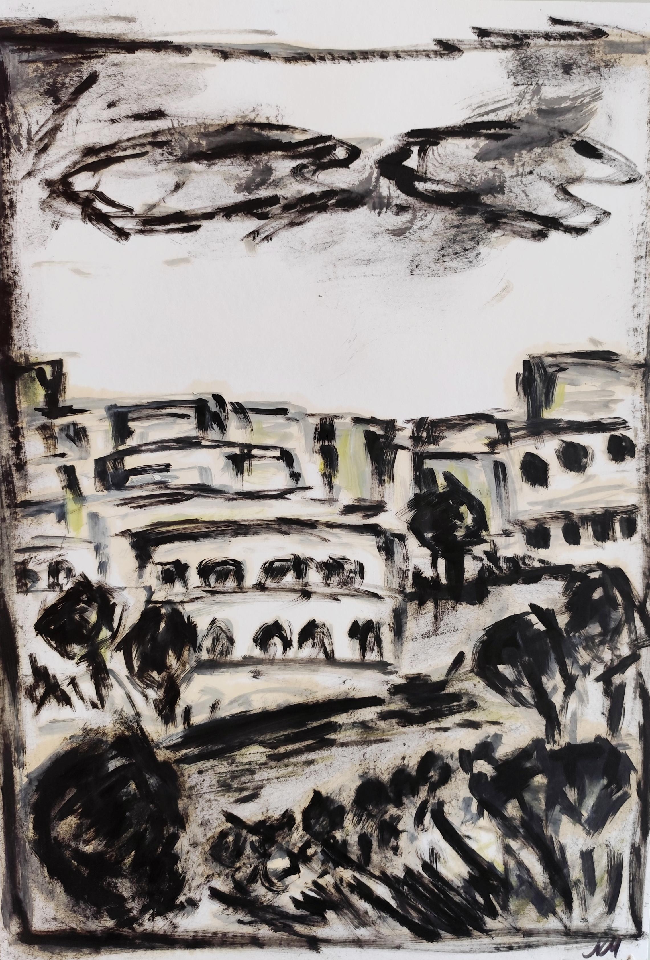 Pittura ad olio su carta di un paesaggio moderno semi-astratto in bianco e nero in vendita 13