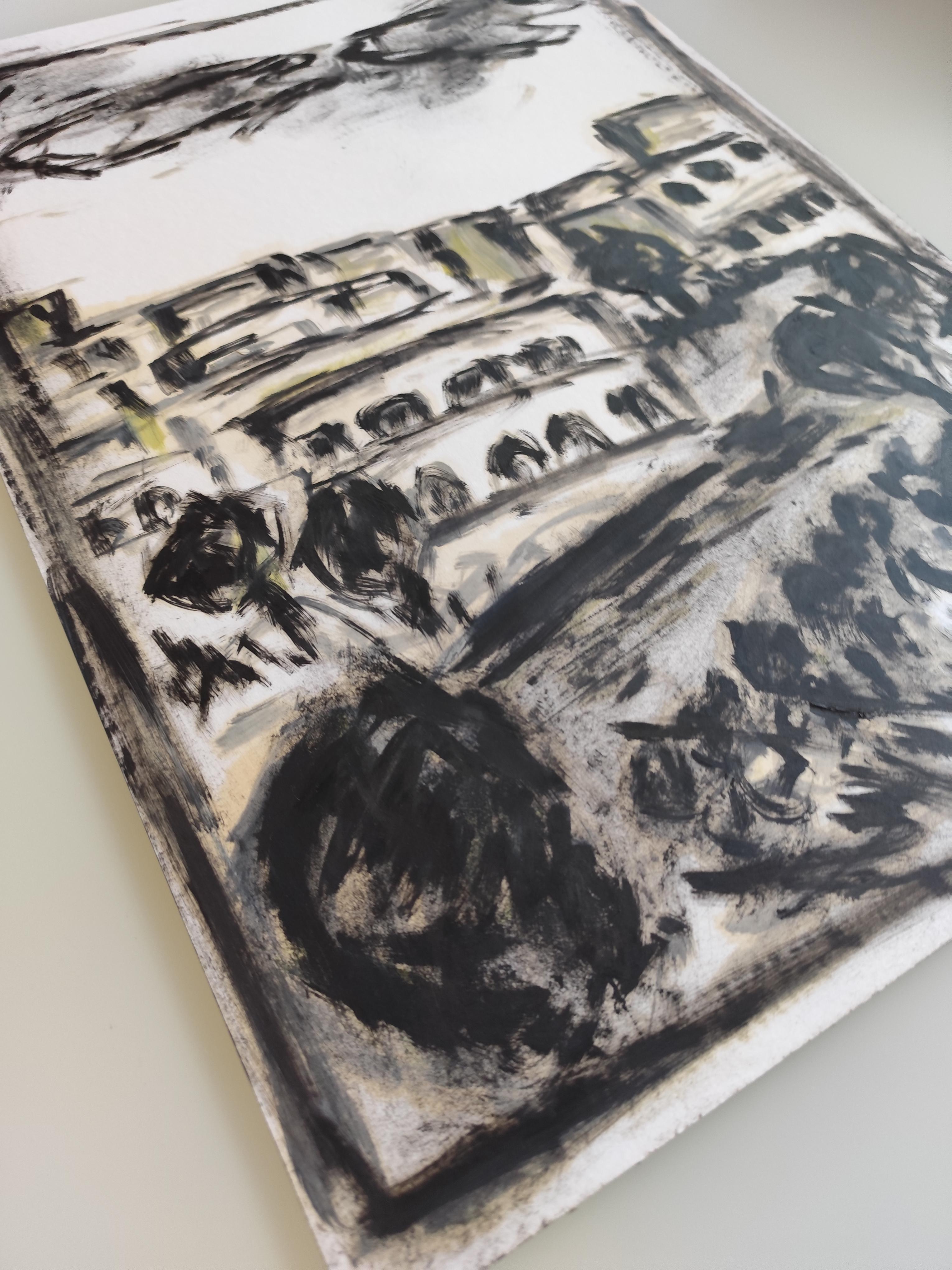 Pittura ad olio su carta di un paesaggio moderno semi-astratto in bianco e nero in vendita 14