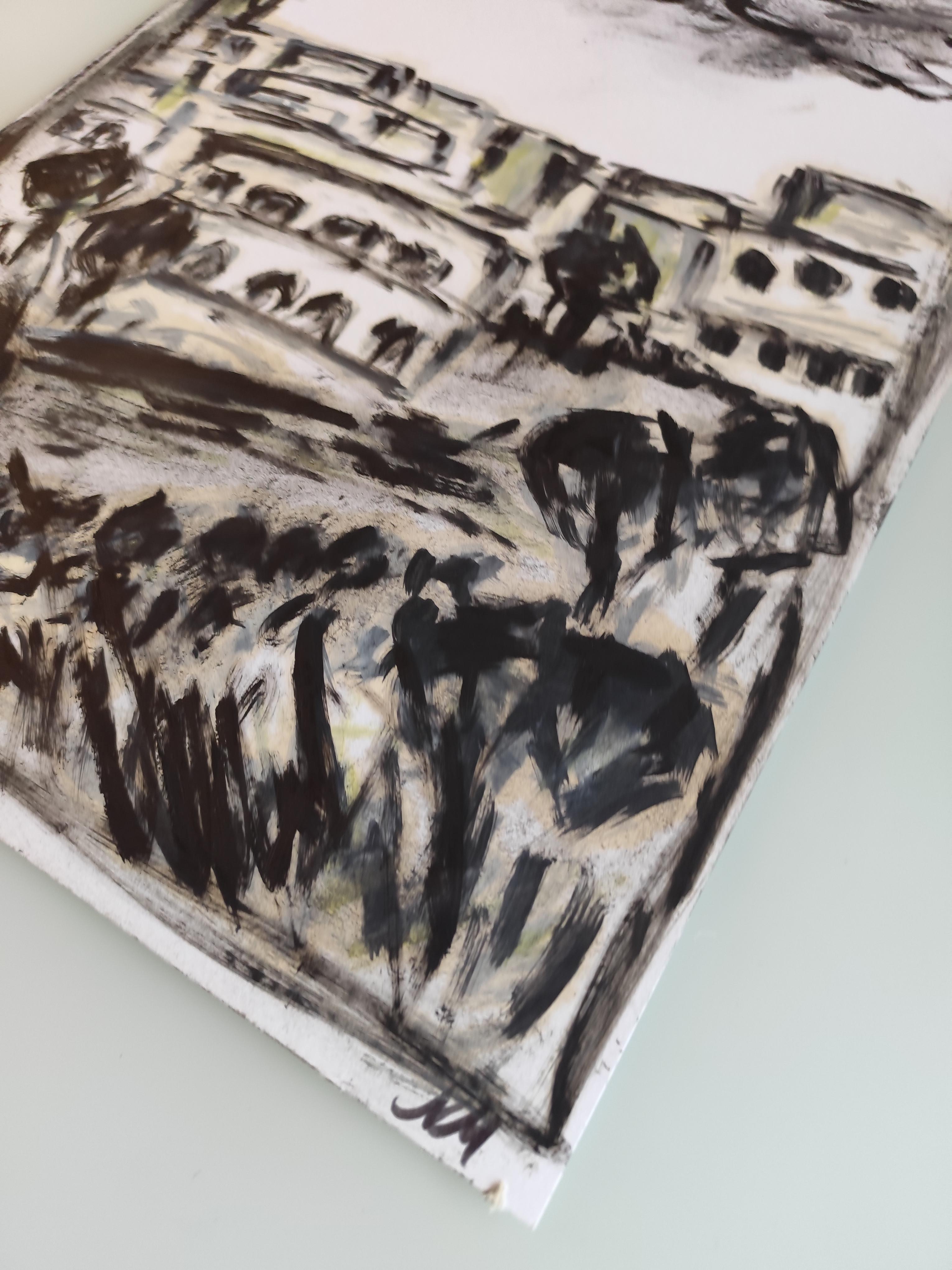 Pittura ad olio su carta di un paesaggio moderno semi-astratto in bianco e nero in vendita 15