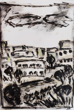 Pittura ad olio su carta di un paesaggio moderno semi-astratto in bianco e nero