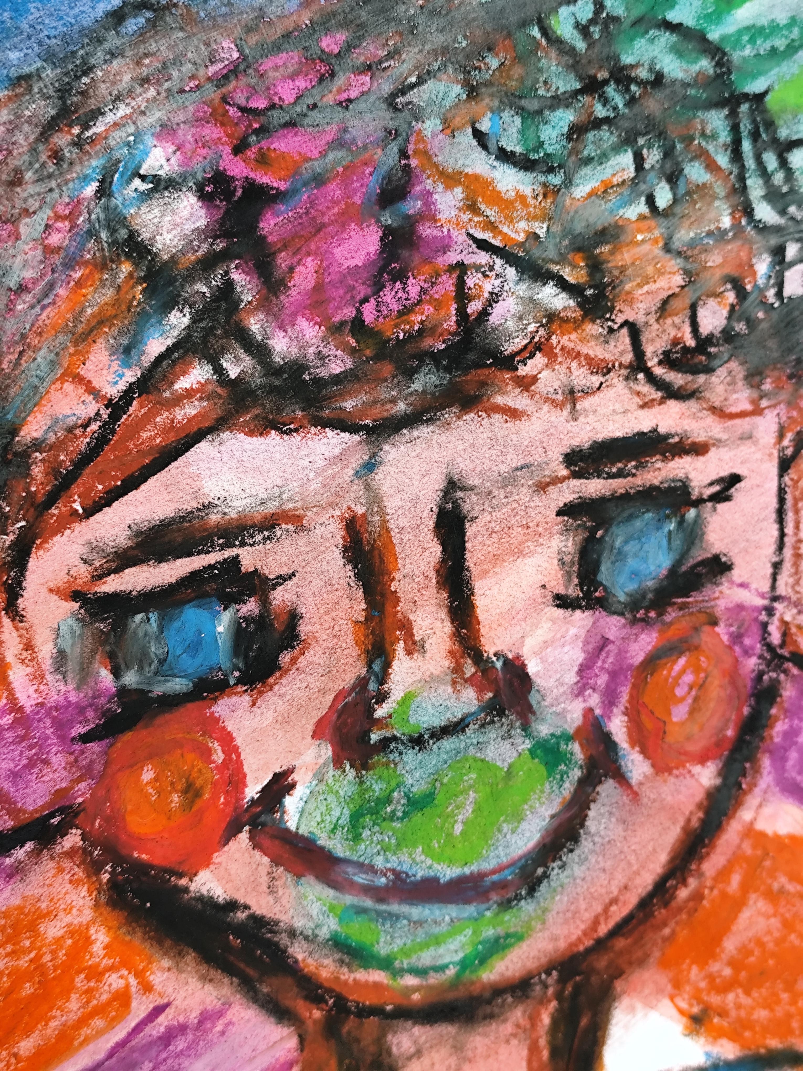 Expressive pop art naive portrait of a boy (child) pastel painting on paper For Sale 5