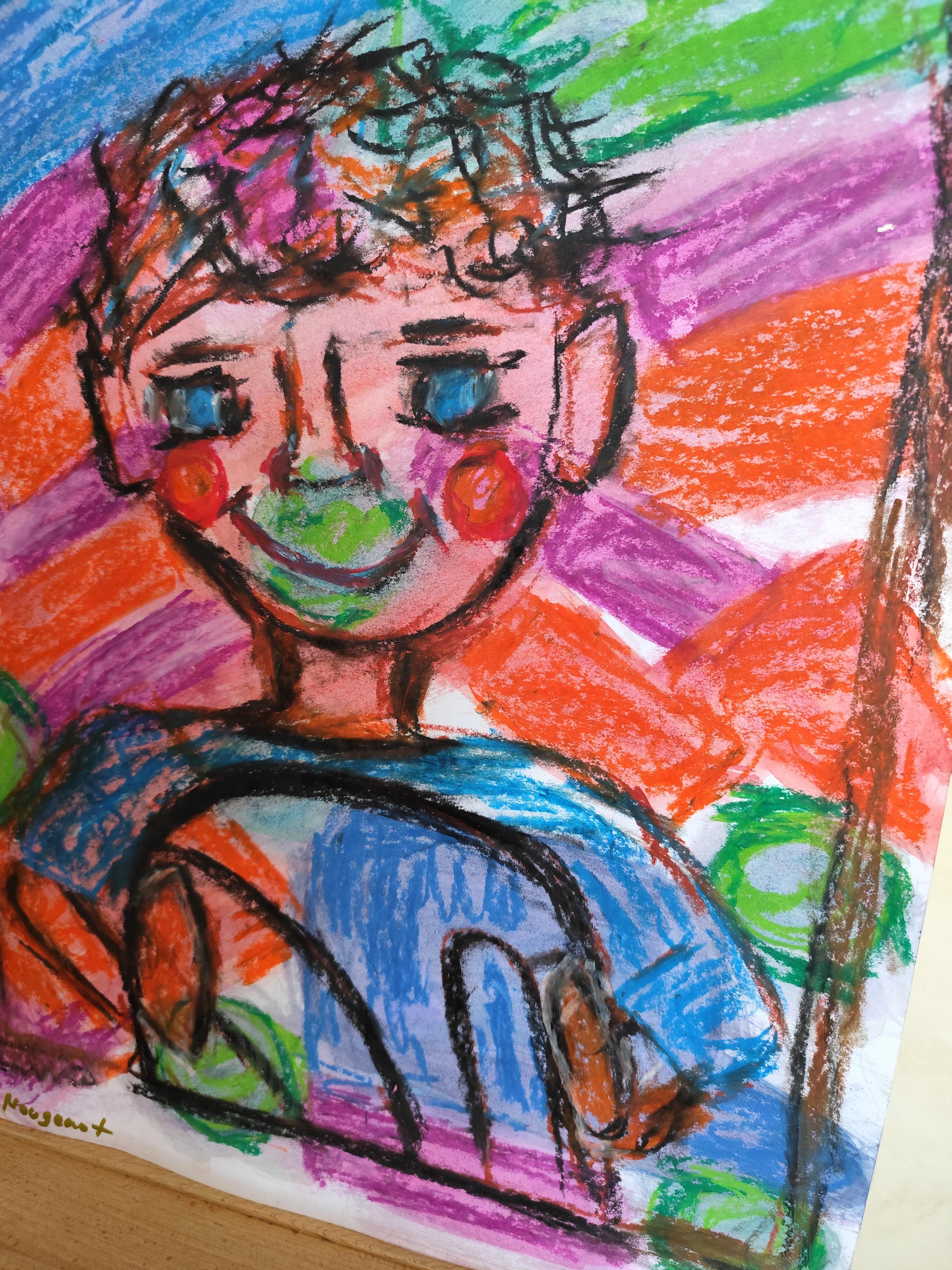 Expressive pop art naive portrait of a boy (child) pastel painting on paper For Sale 6