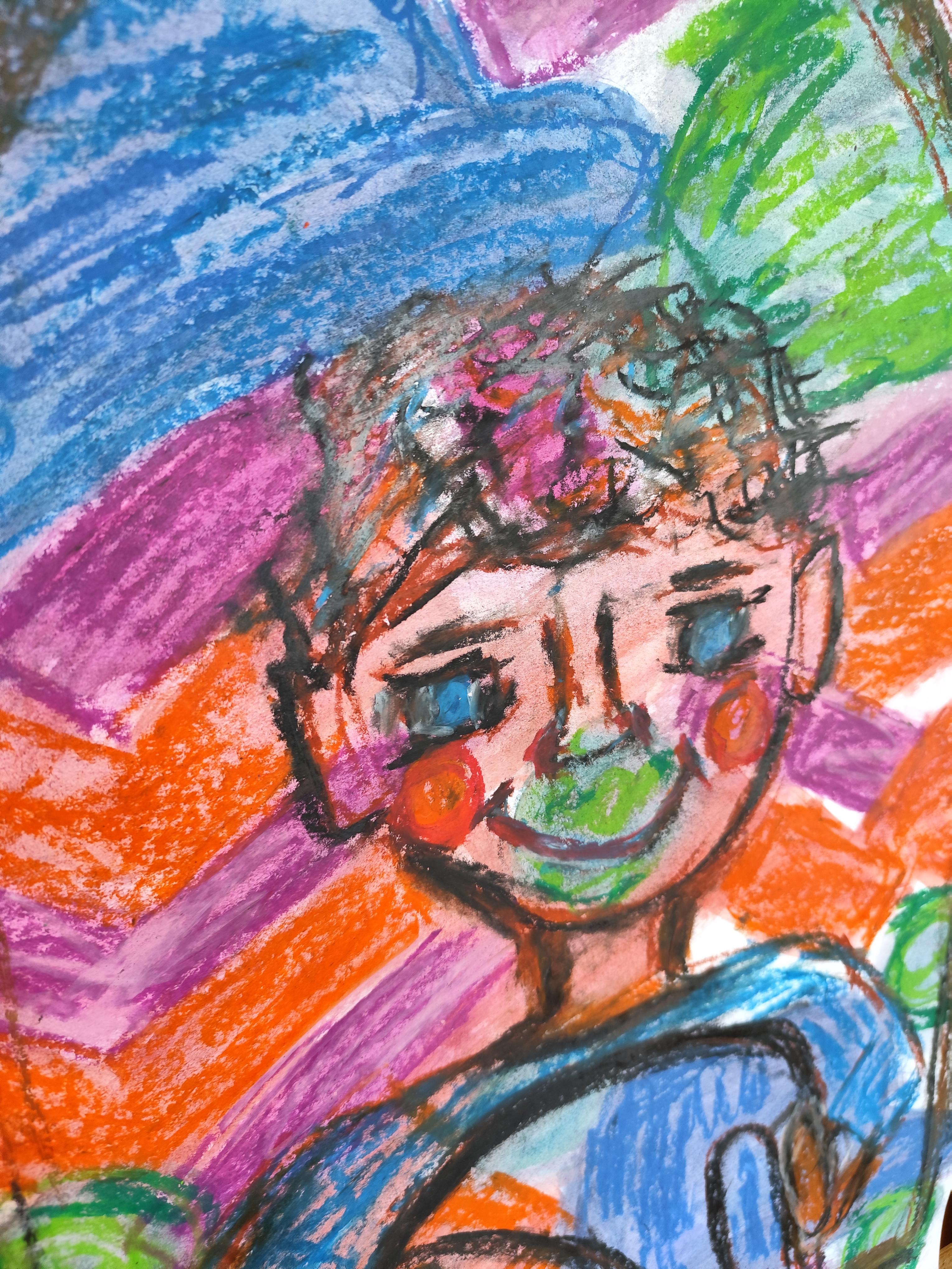 Expressive pop art naive portrait of a boy (child) pastel painting on paper For Sale 7