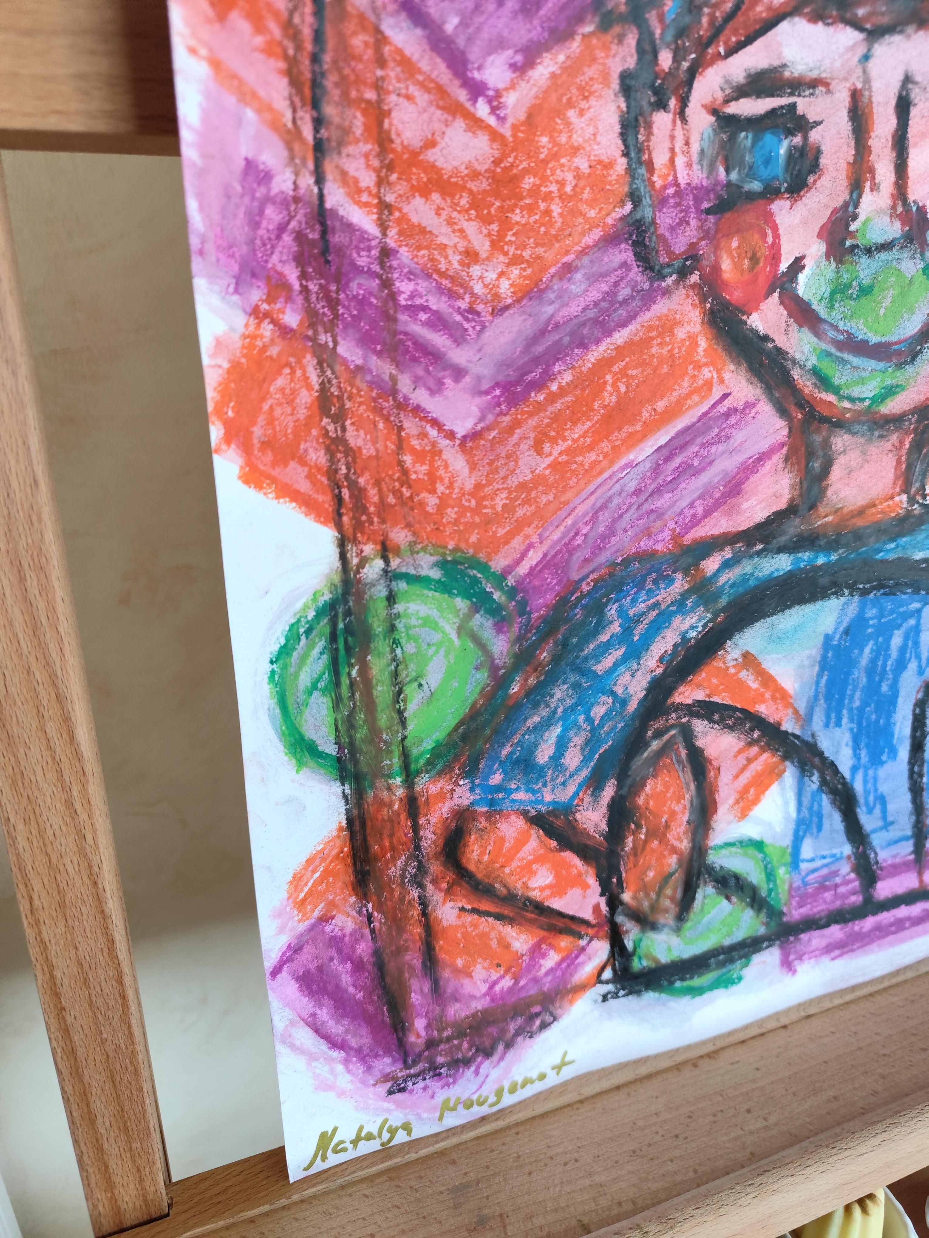 Expressive pop art naive portrait of a boy (child) pastel painting on paper For Sale 8