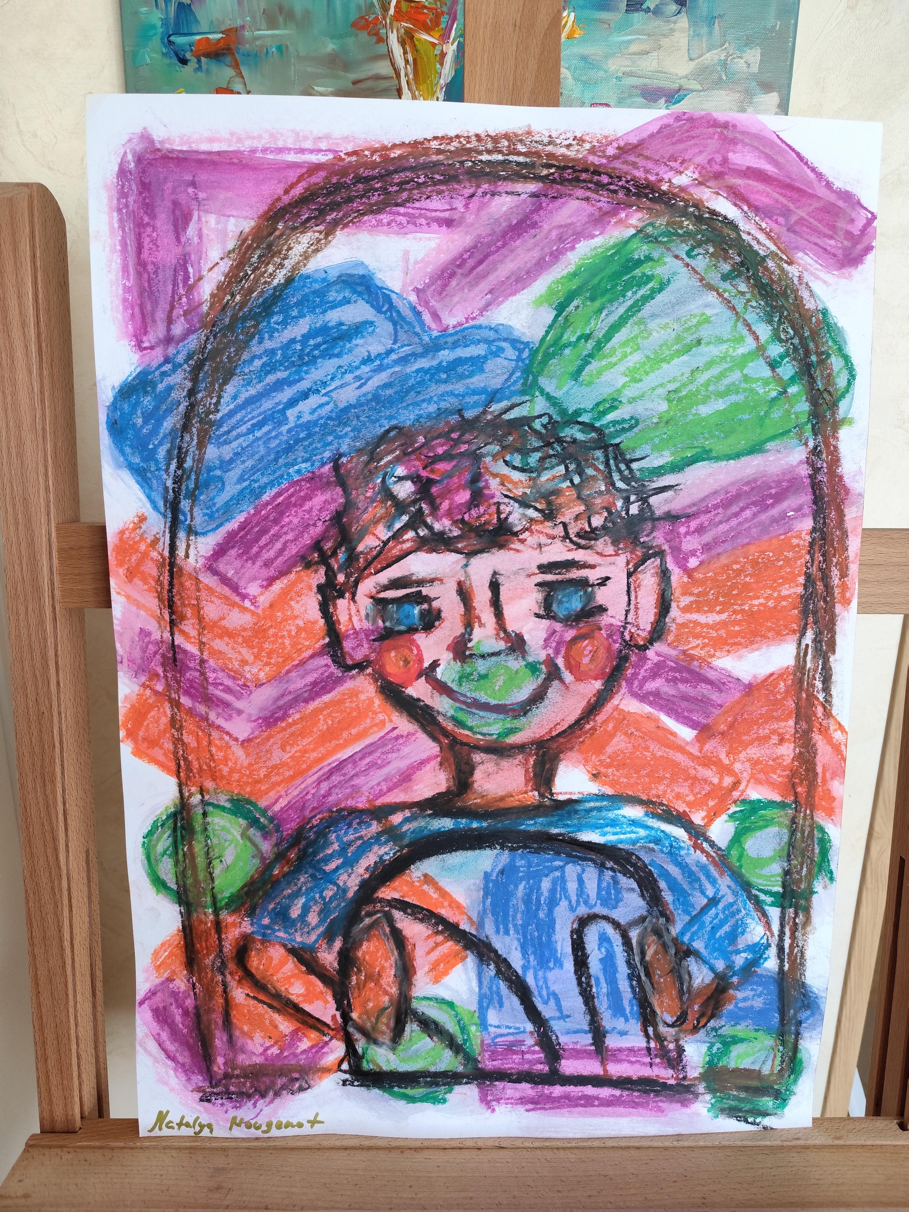 Expressive pop art naive portrait of a boy (child) pastel painting on paper For Sale 9
