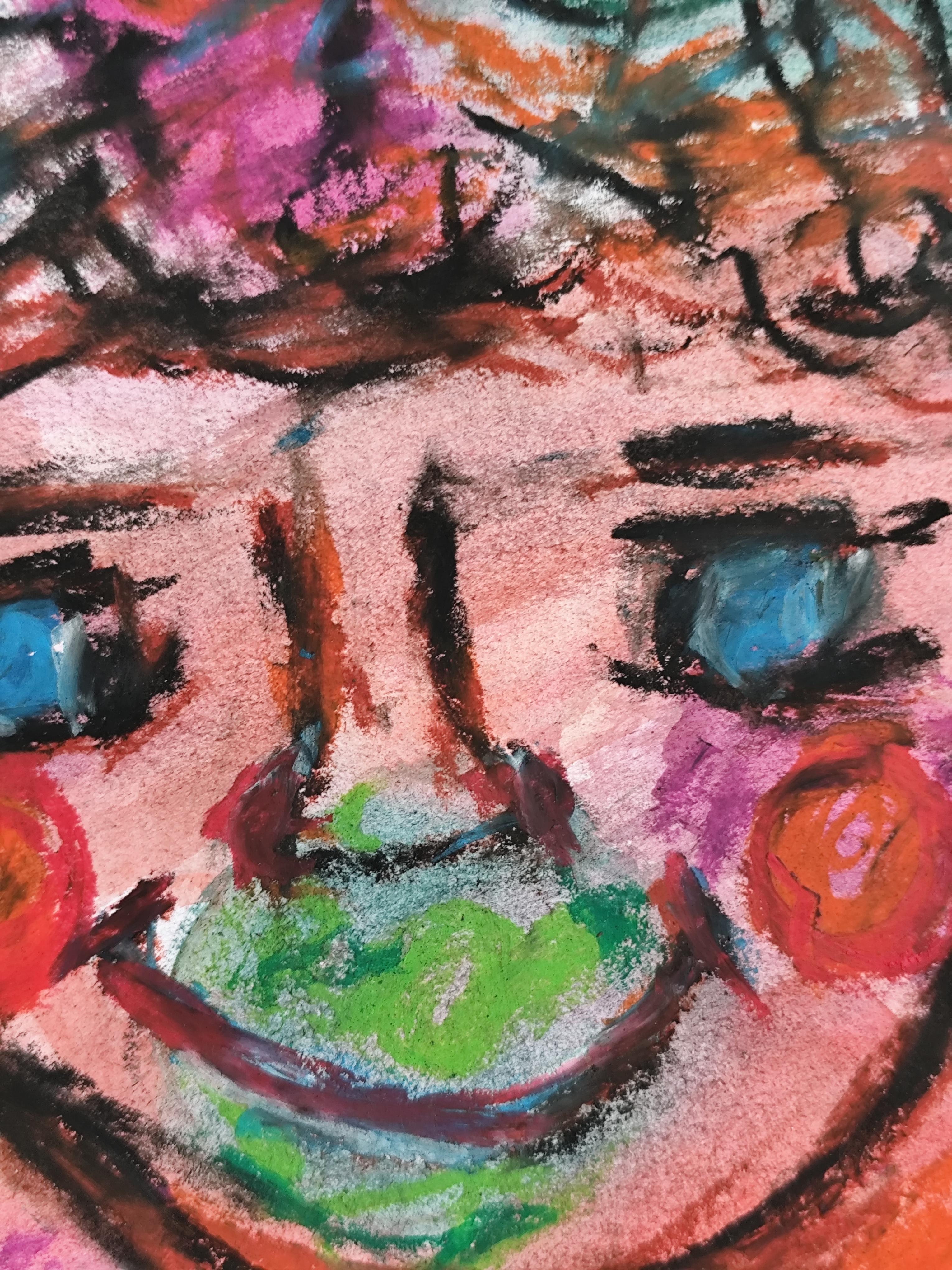 Expressive pop art naive portrait of a boy (child) pastel painting on paper For Sale 10