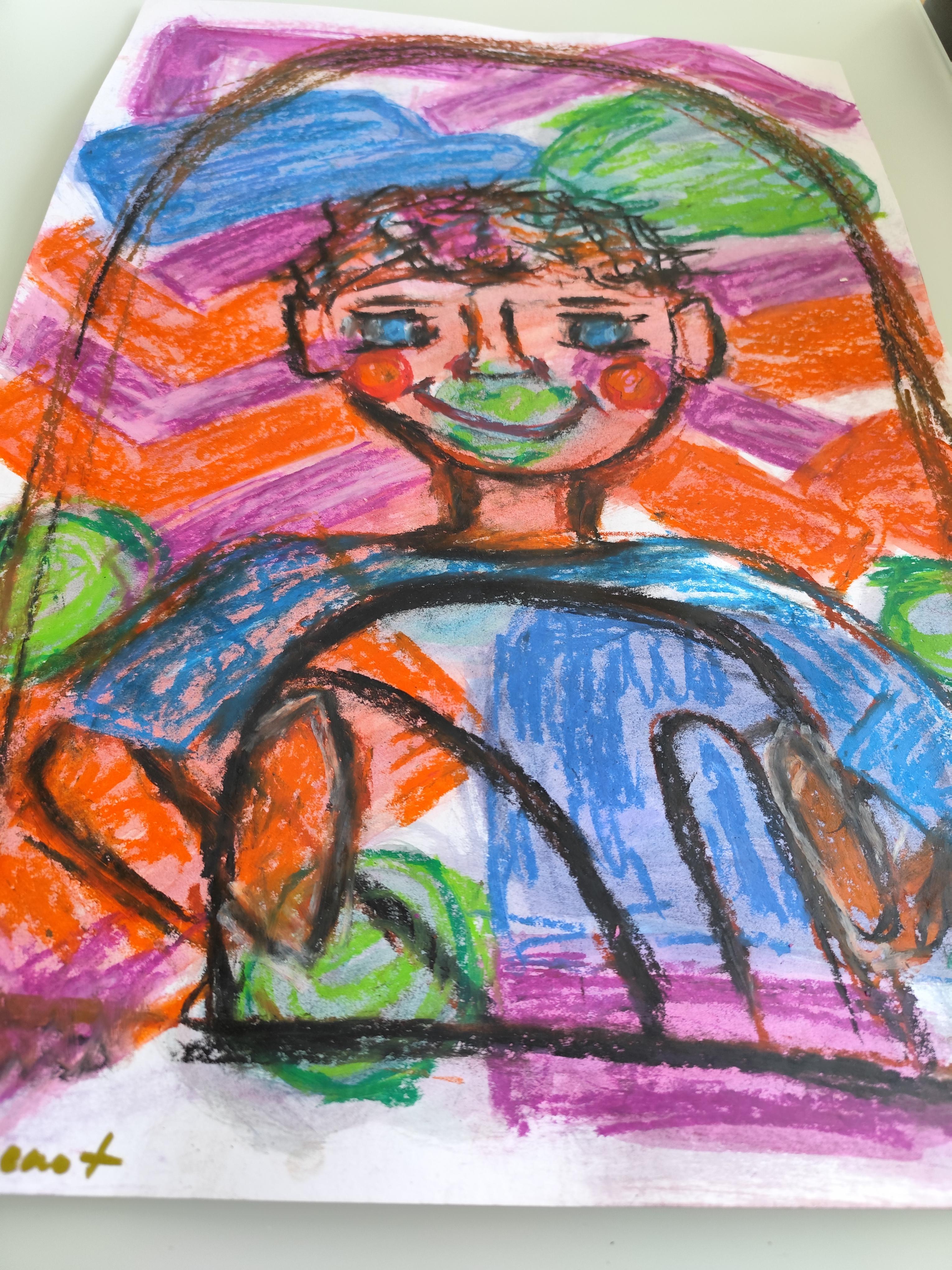 Expressive pop art naive portrait of a boy (child) pastel painting on paper For Sale 12