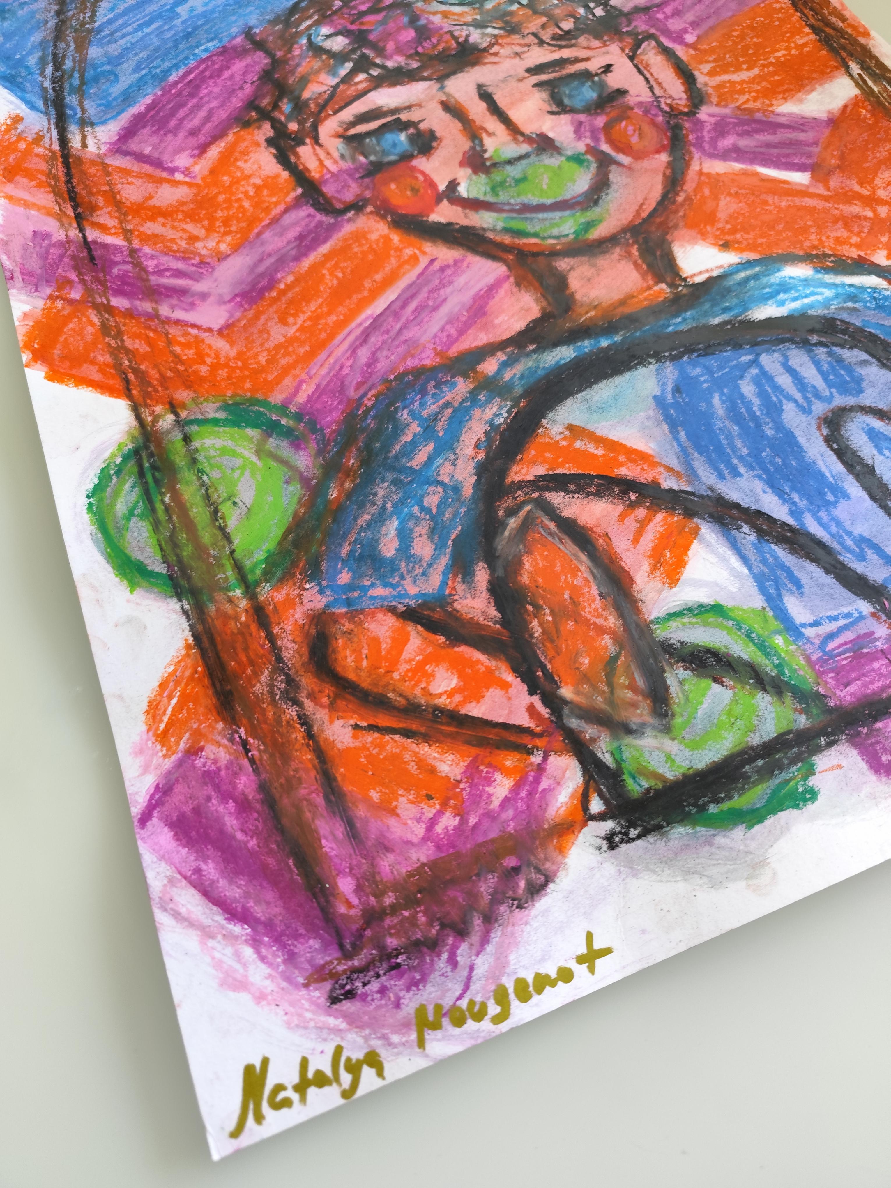 Expressive pop art naive portrait of a boy (child) pastel painting on paper For Sale 13