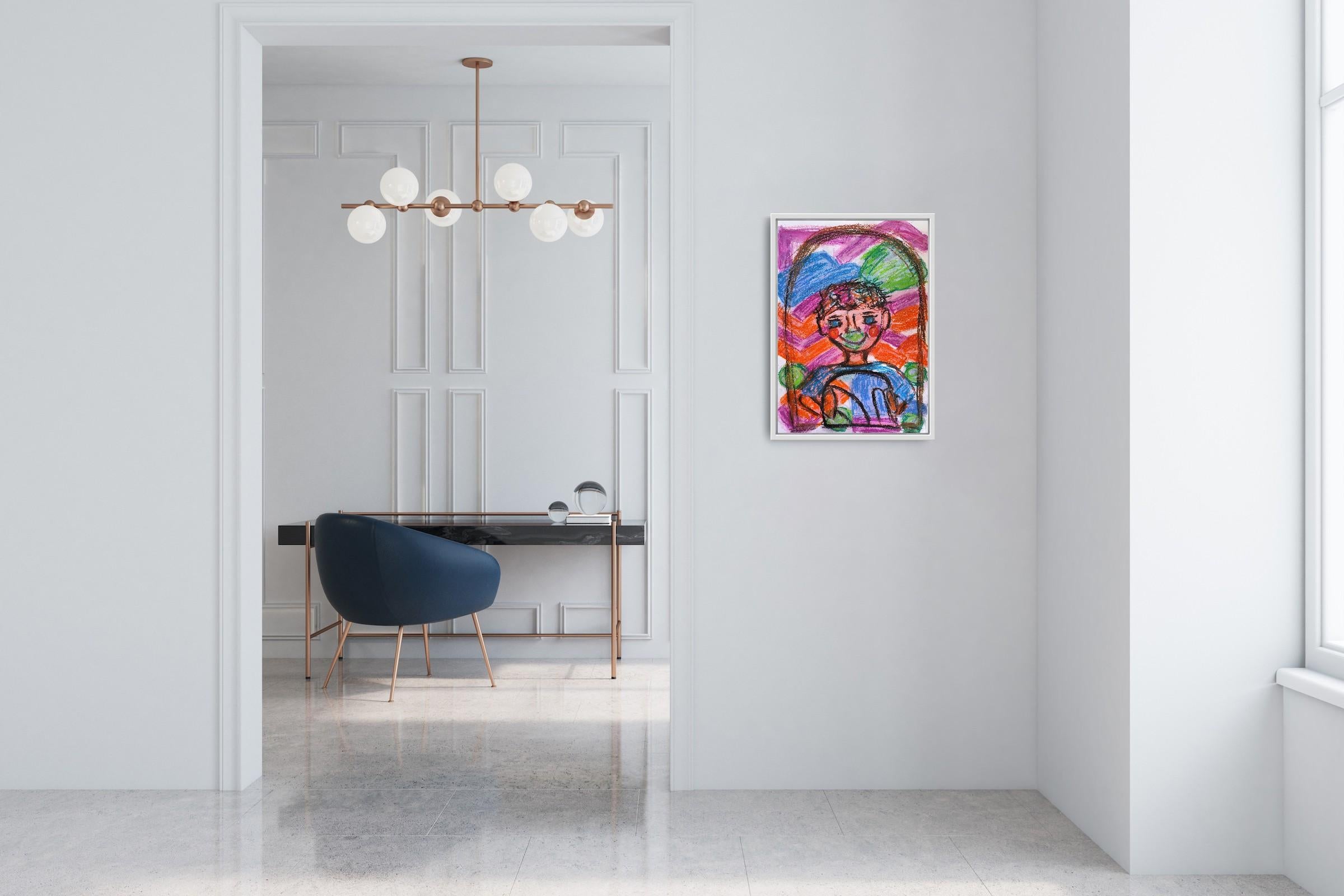 Expressive pop art naive portrait of a boy (child) pastel painting on paper - Painting by Natalya Mougenot 