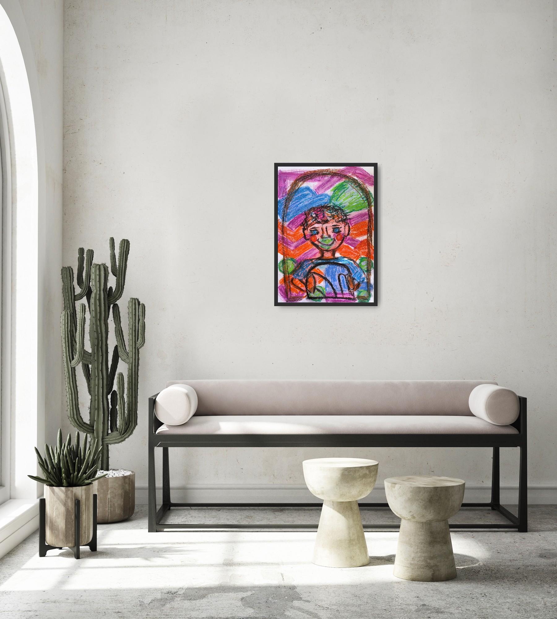 Expressive pop art naive portrait of a boy (child) pastel painting on paper For Sale 1