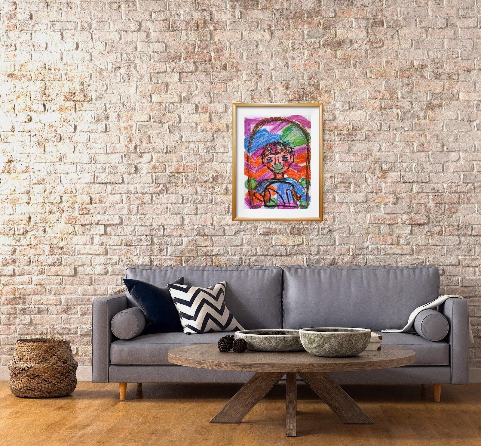Expressive pop art naive portrait of a boy (child) pastel painting on paper For Sale 2