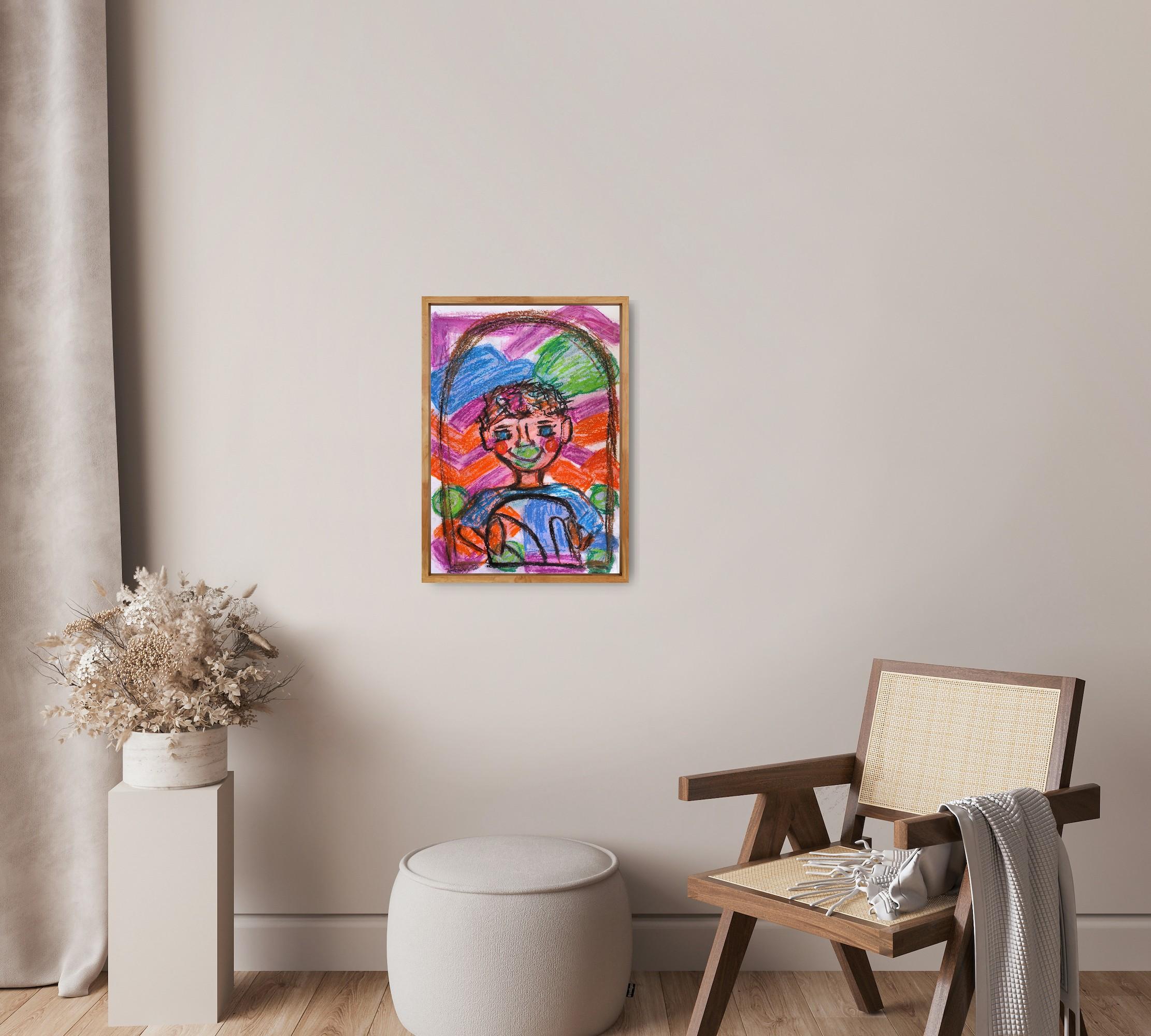 Expressive pop art naive portrait of a boy (child) pastel painting on paper For Sale 3