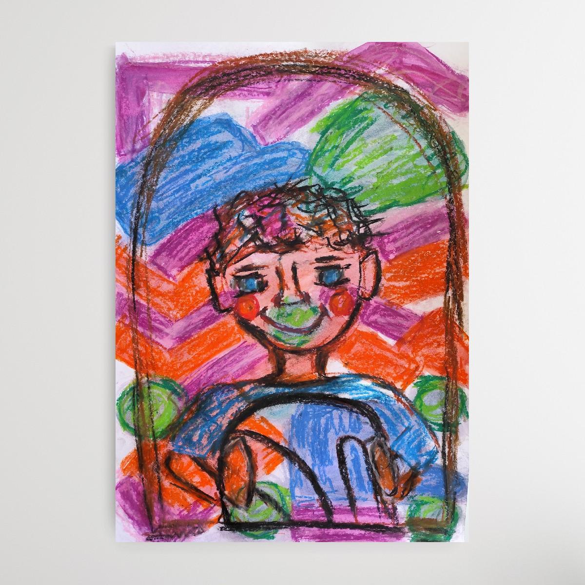 Expressive pop art naive portrait of a boy (child) pastel painting on paper For Sale 4
