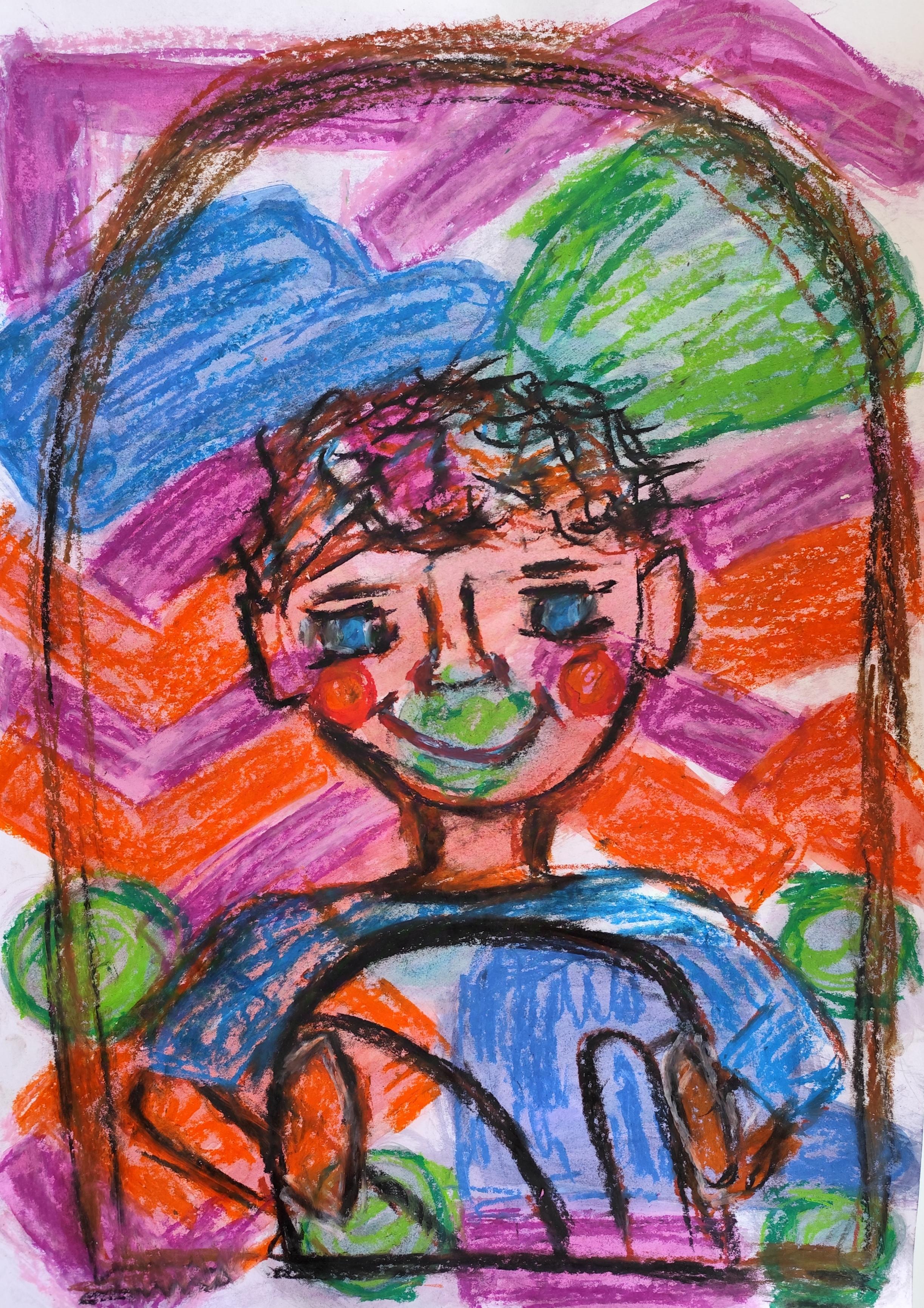 Ritratto pop art espressivo e naif di un ragazzo (bambino) dipinto a pastello su carta