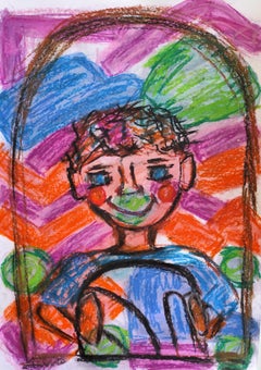 Portrait naïf d'un garçon (enfant), peinture au pastel sur papier pop art expressionniste