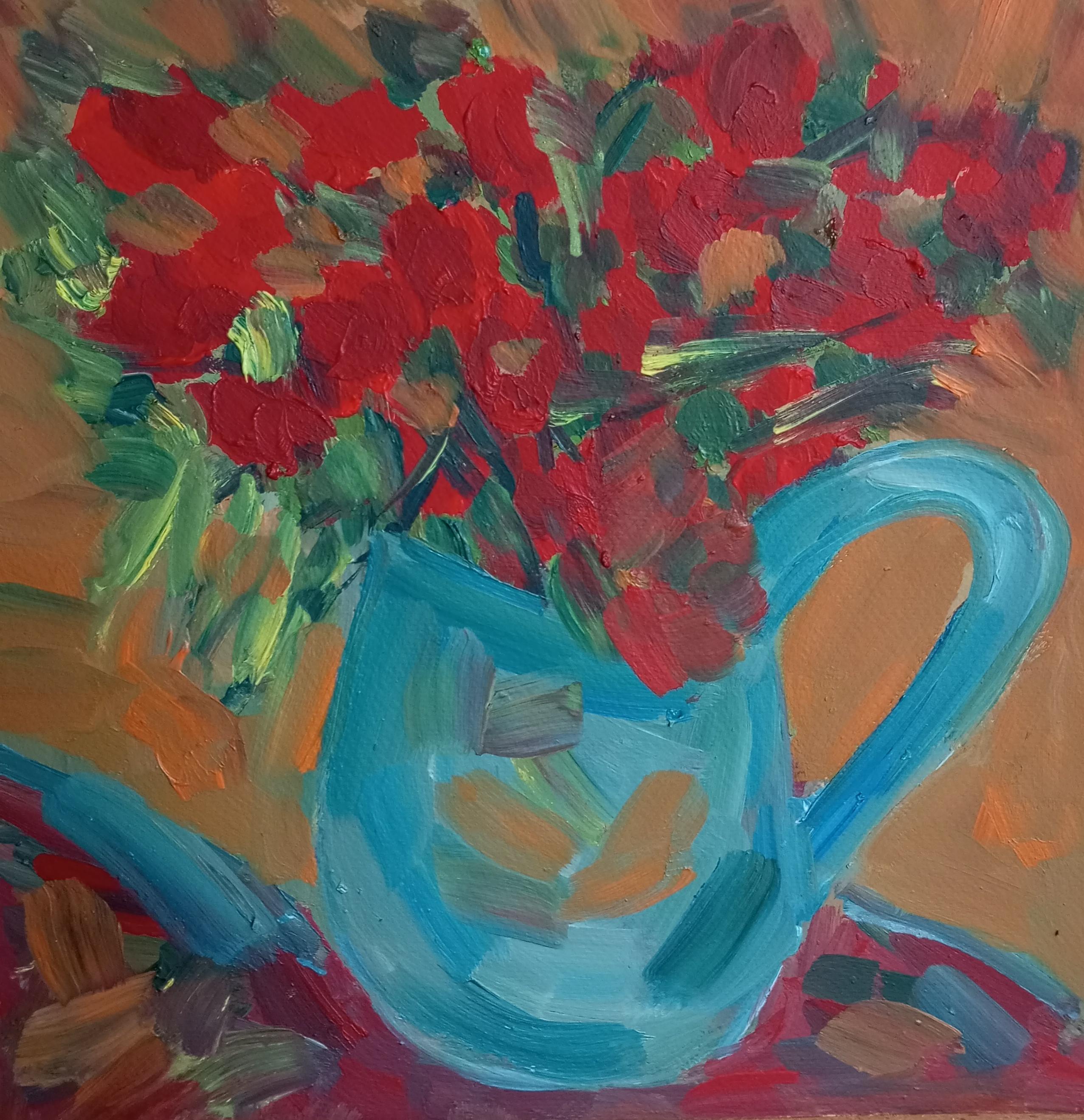 "I miei bei tulipani rossi" (pittura ad olio floreale contemporanea)