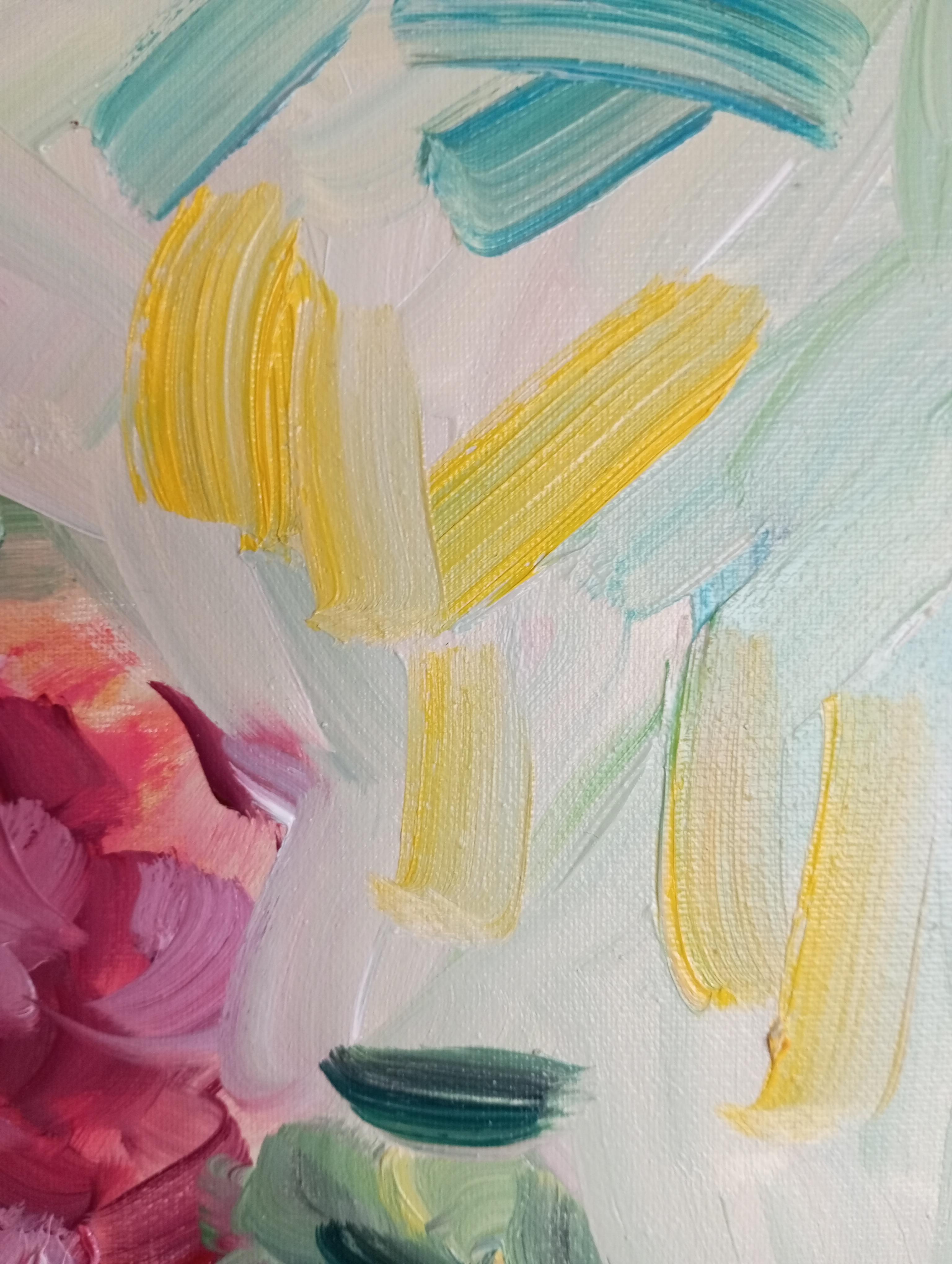 Ma belle table d'été avec des roses rouges ( peinture à l'huile florale contemporaine ) en vente 5