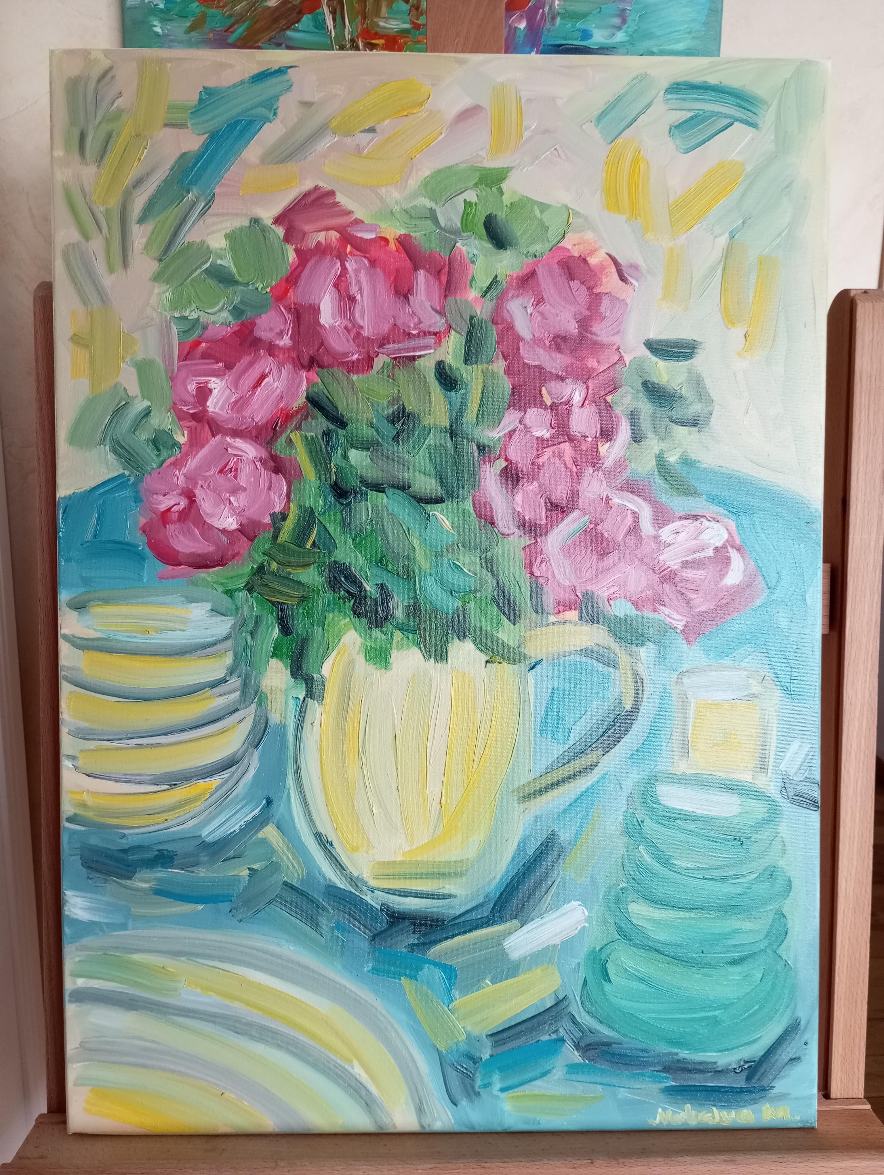 Ma belle table d'été avec des roses rouges ( peinture à l'huile florale contemporaine ) en vente 6