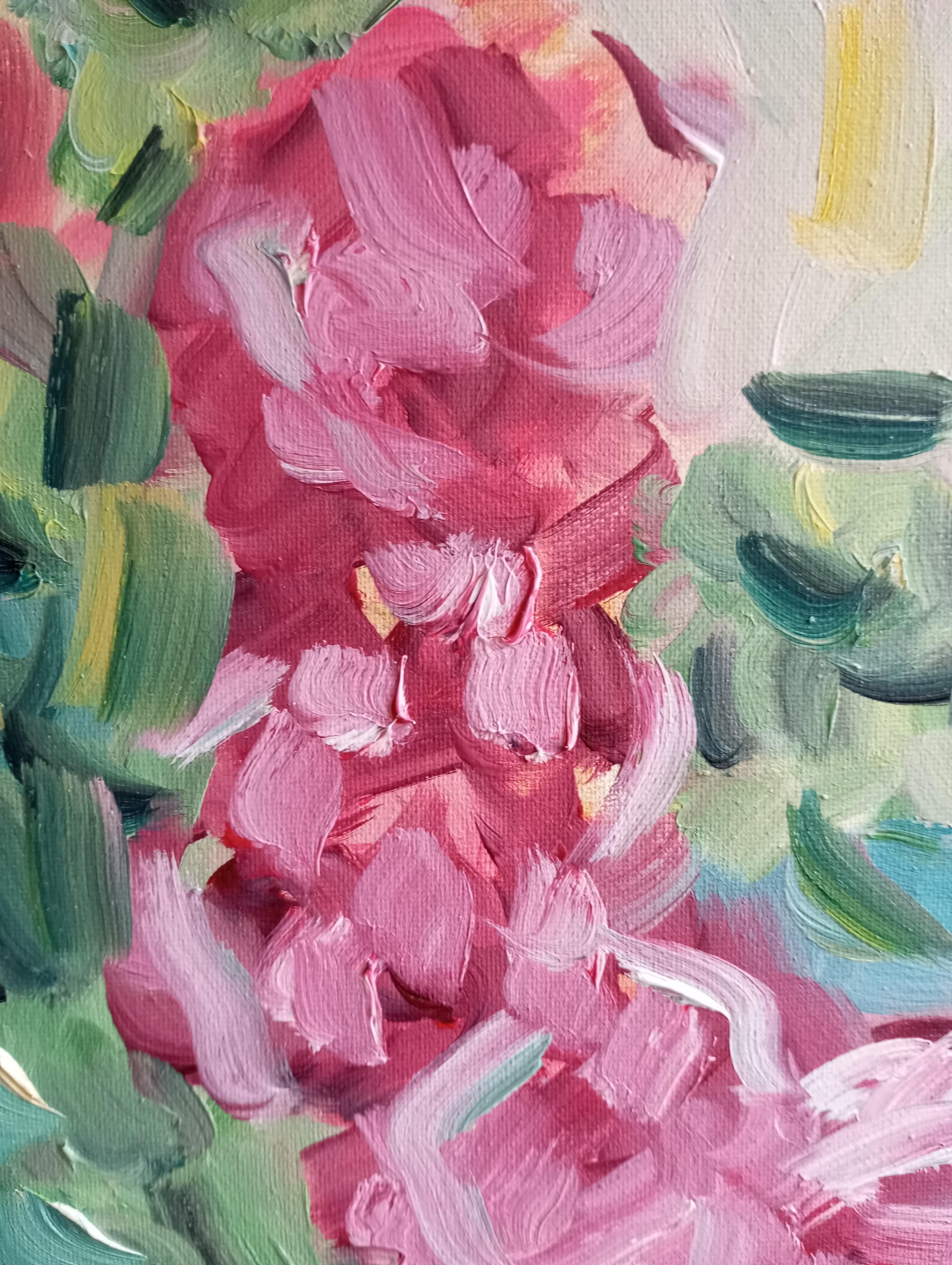 Ma belle table d'été avec des roses rouges ( peinture à l'huile florale contemporaine ) en vente 7