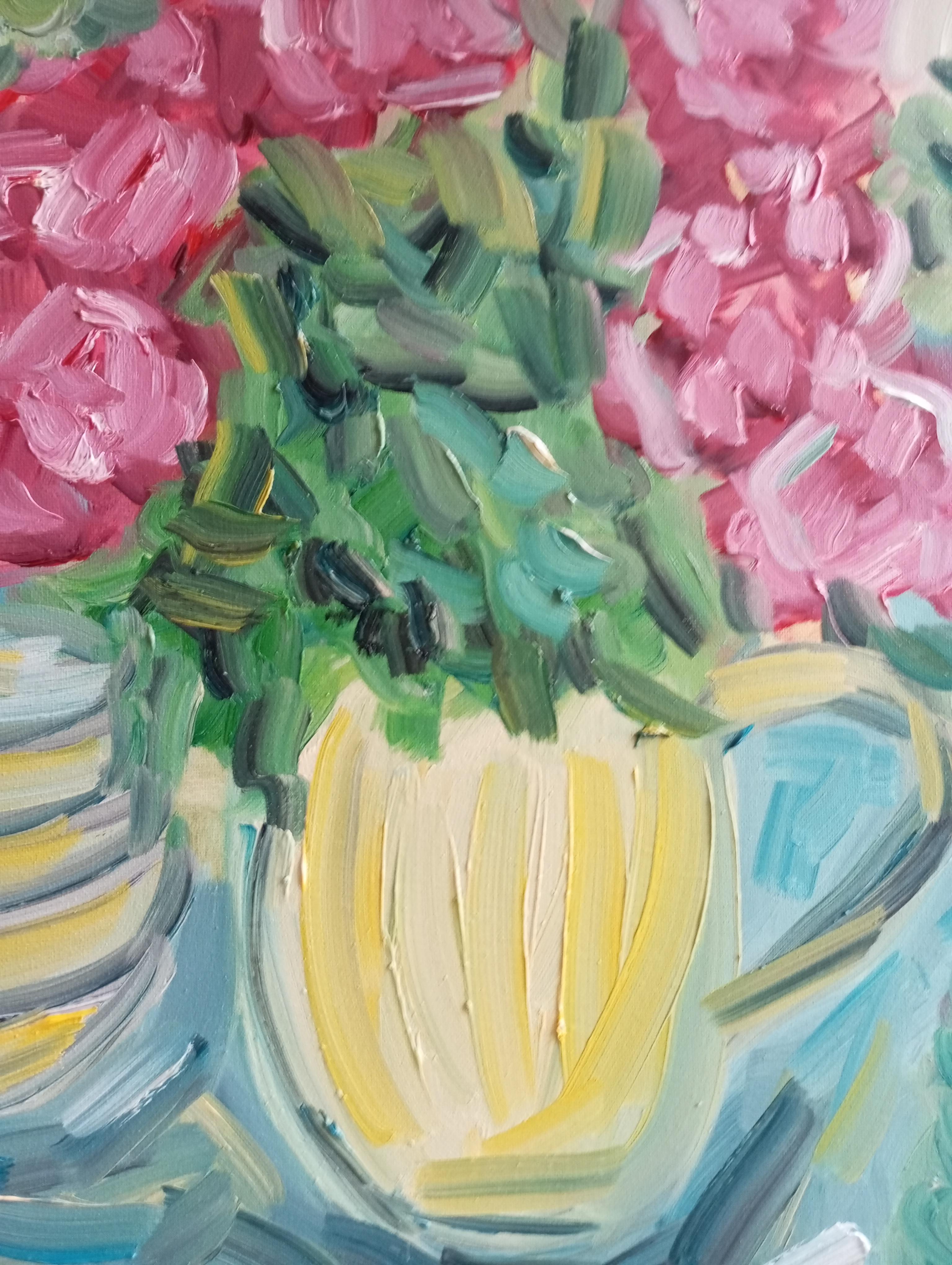 Ma belle table d'été avec des roses rouges ( peinture à l'huile florale contemporaine ) en vente 8