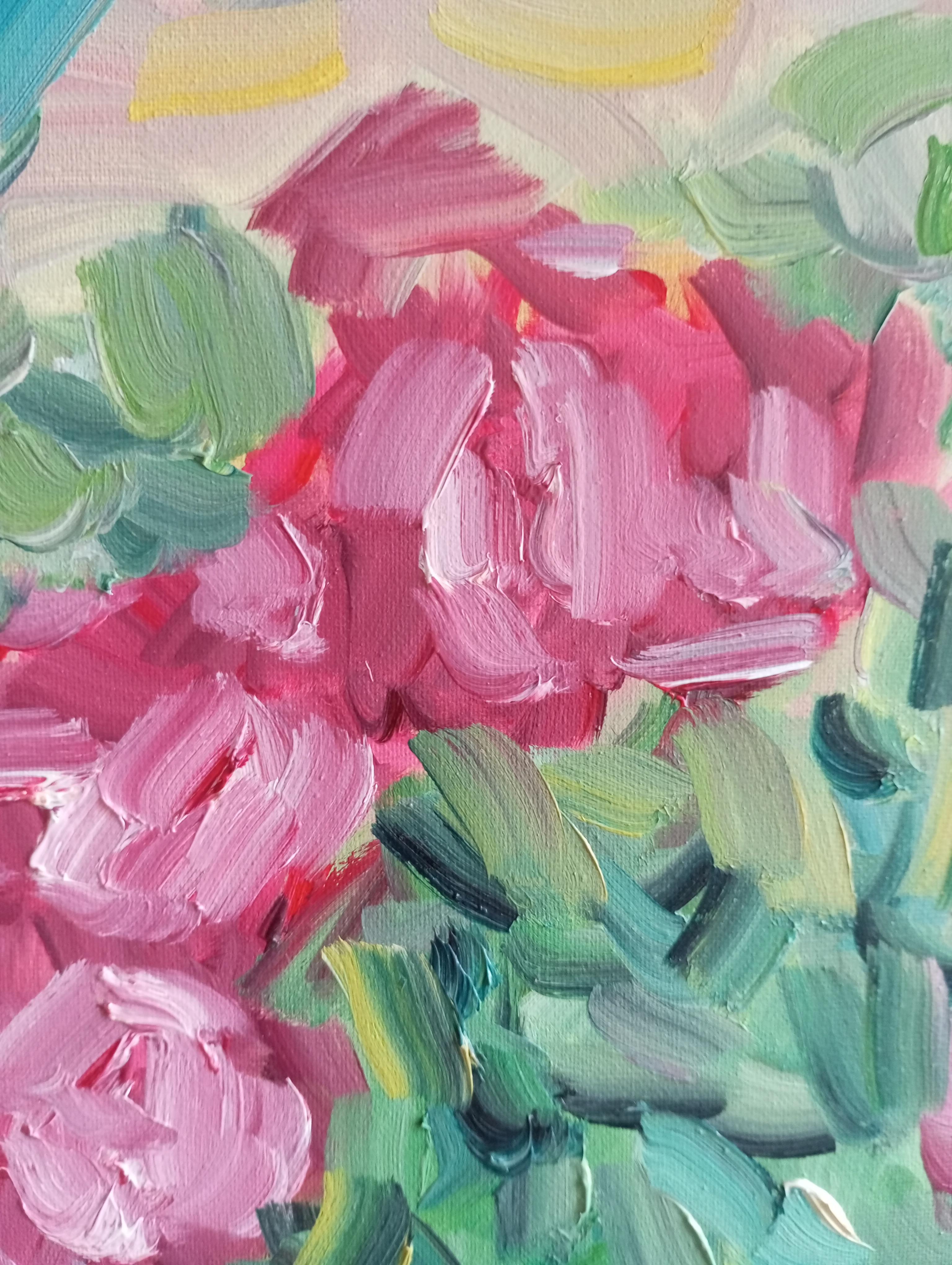 Ma belle table d'été avec des roses rouges ( peinture à l'huile florale contemporaine ) en vente 12