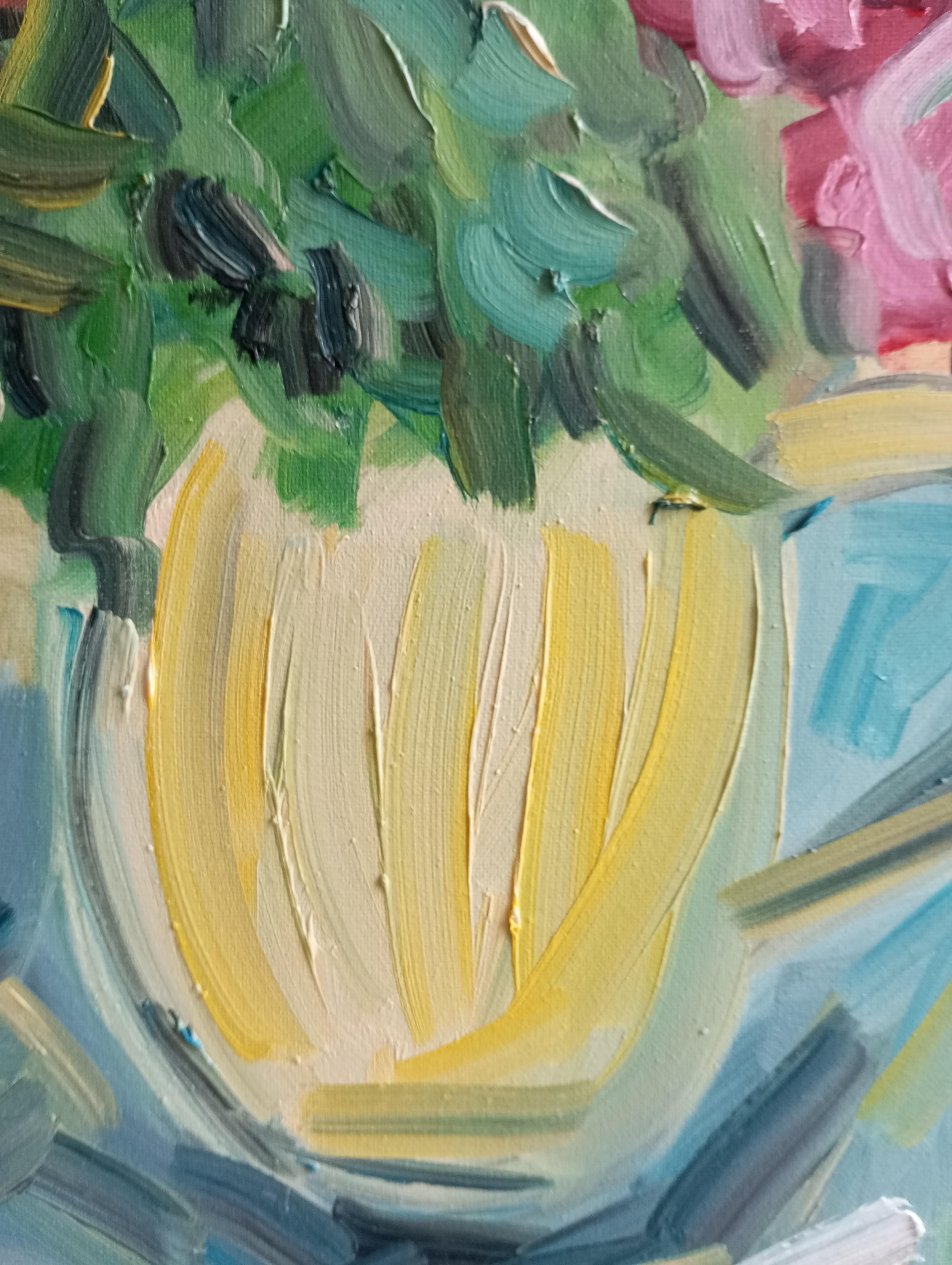 Ma belle table d'été avec des roses rouges ( peinture à l'huile florale contemporaine ) en vente 13