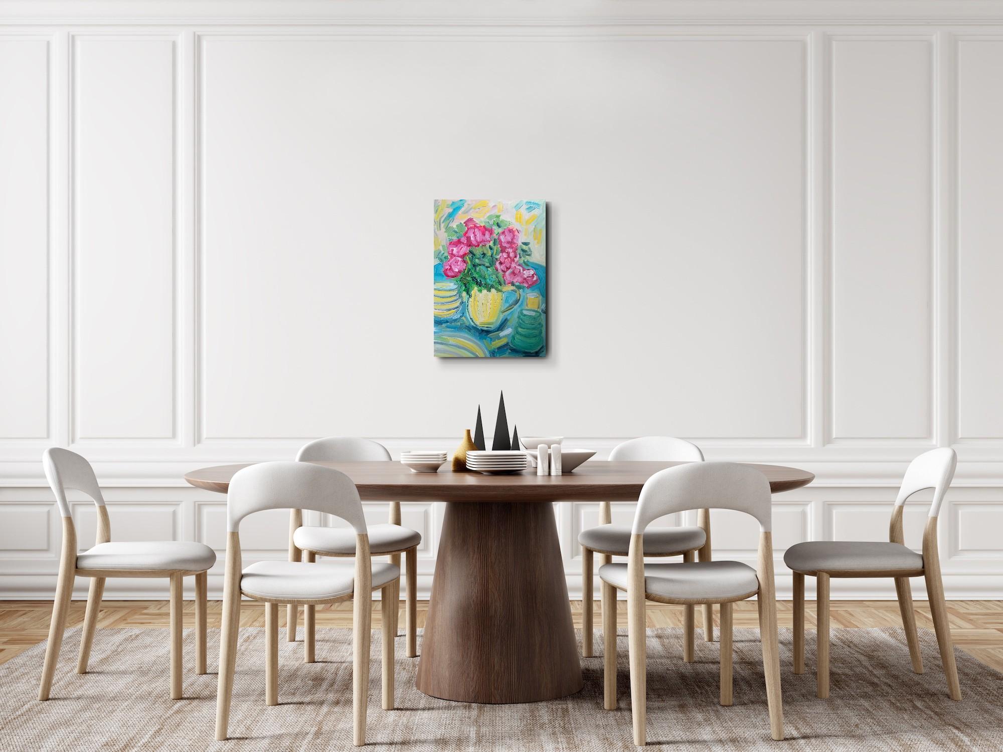 Ma belle table d'été avec des roses rouges ( peinture à l'huile florale contemporaine ) - Painting de Natalya Mougenot 