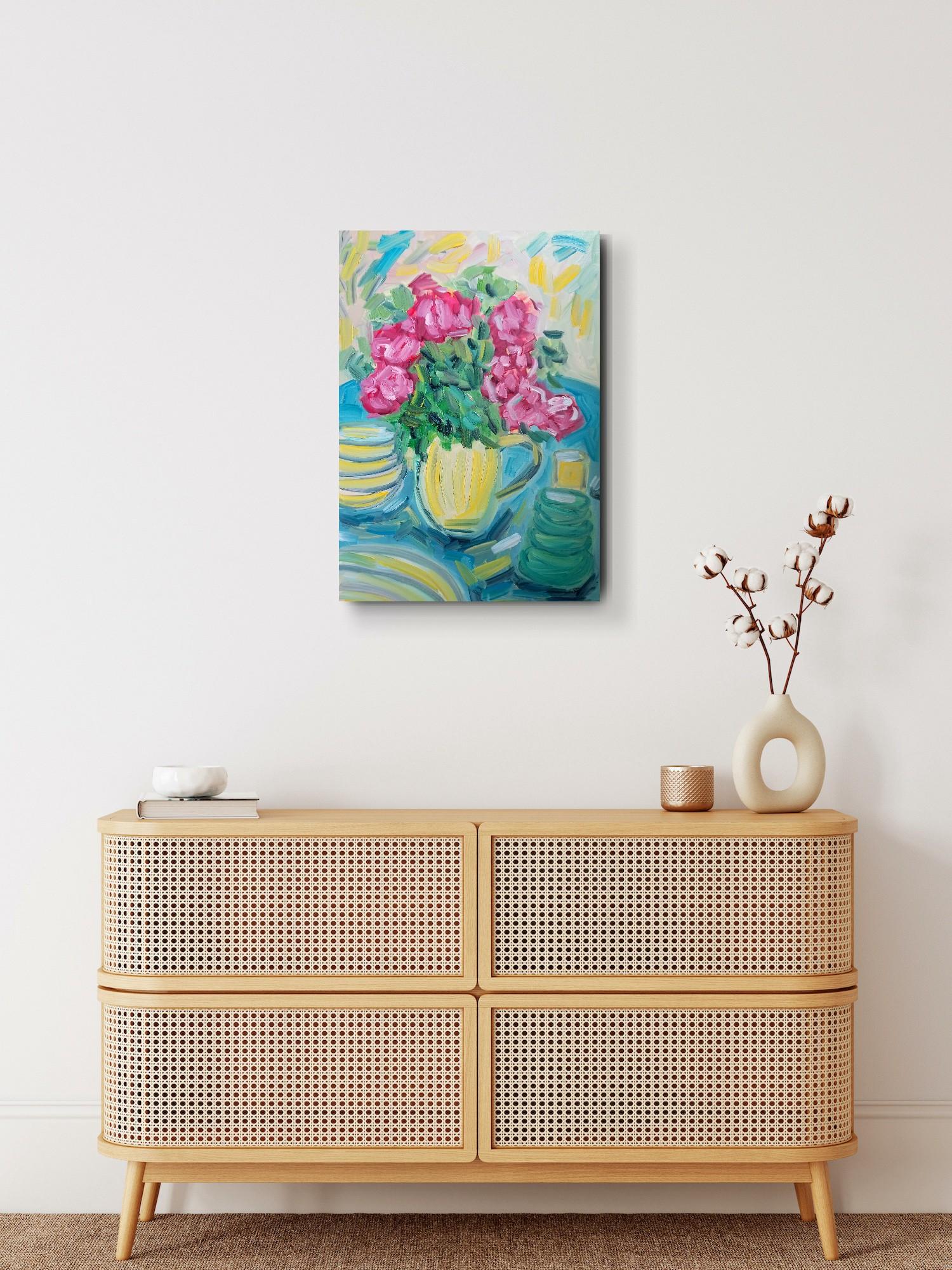 Ma belle table d'été avec des roses rouges ( peinture à l'huile florale contemporaine ) - Contemporain Painting par Natalya Mougenot 