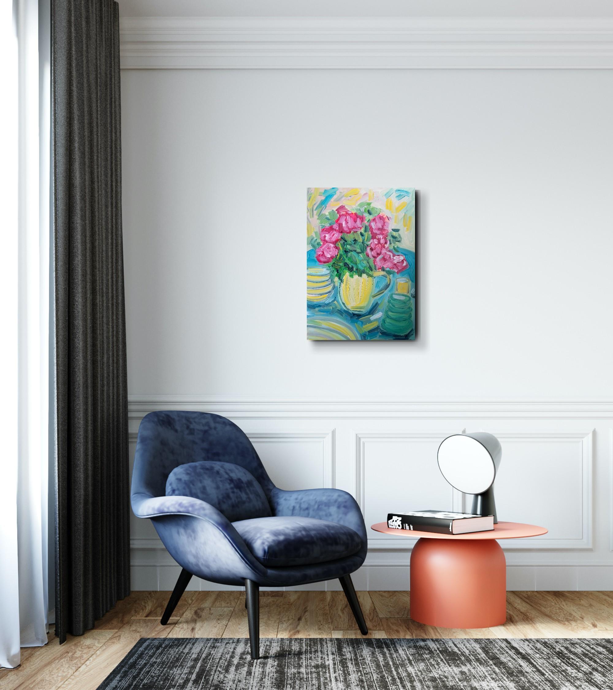 Ma belle table d'été avec des roses rouges ( peinture à l'huile florale contemporaine ) - Gris Still-Life Painting par Natalya Mougenot 