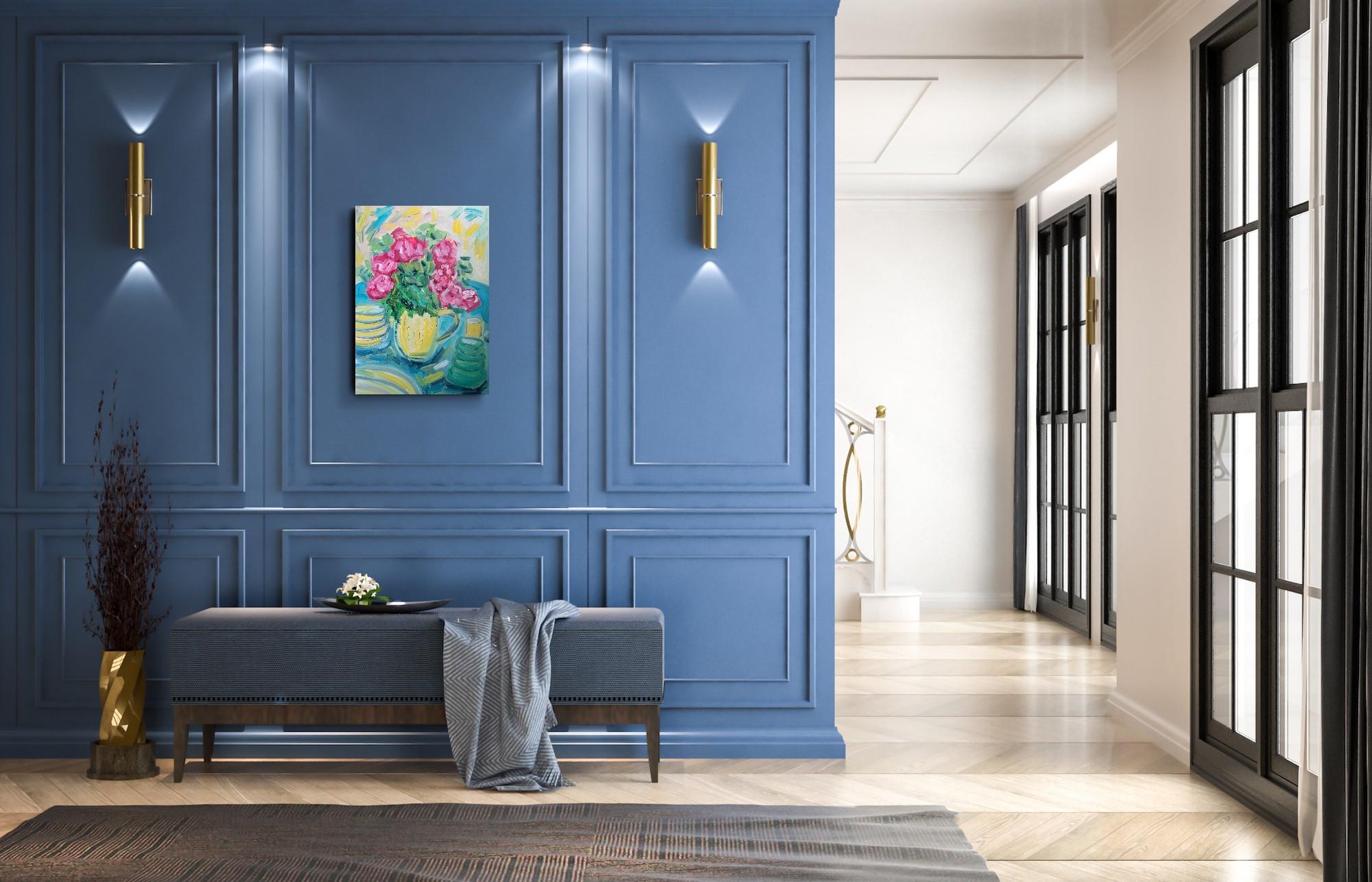 Ma belle table d'été avec des roses rouges ( peinture à l'huile florale contemporaine ) en vente 1