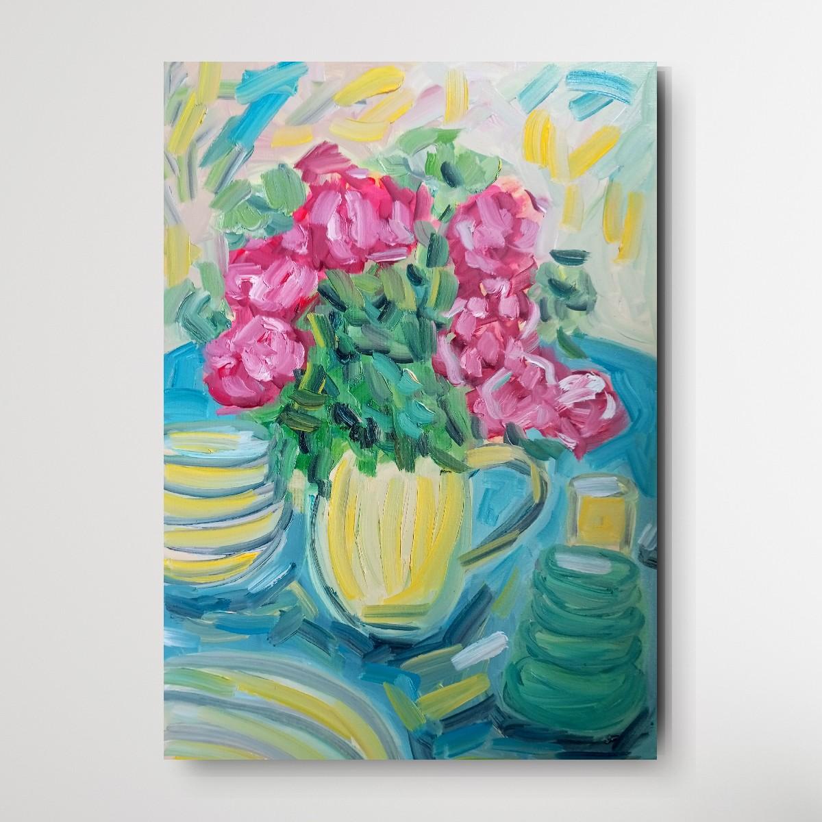 Ma belle table d'été avec des roses rouges ( peinture à l'huile florale contemporaine ) en vente 2