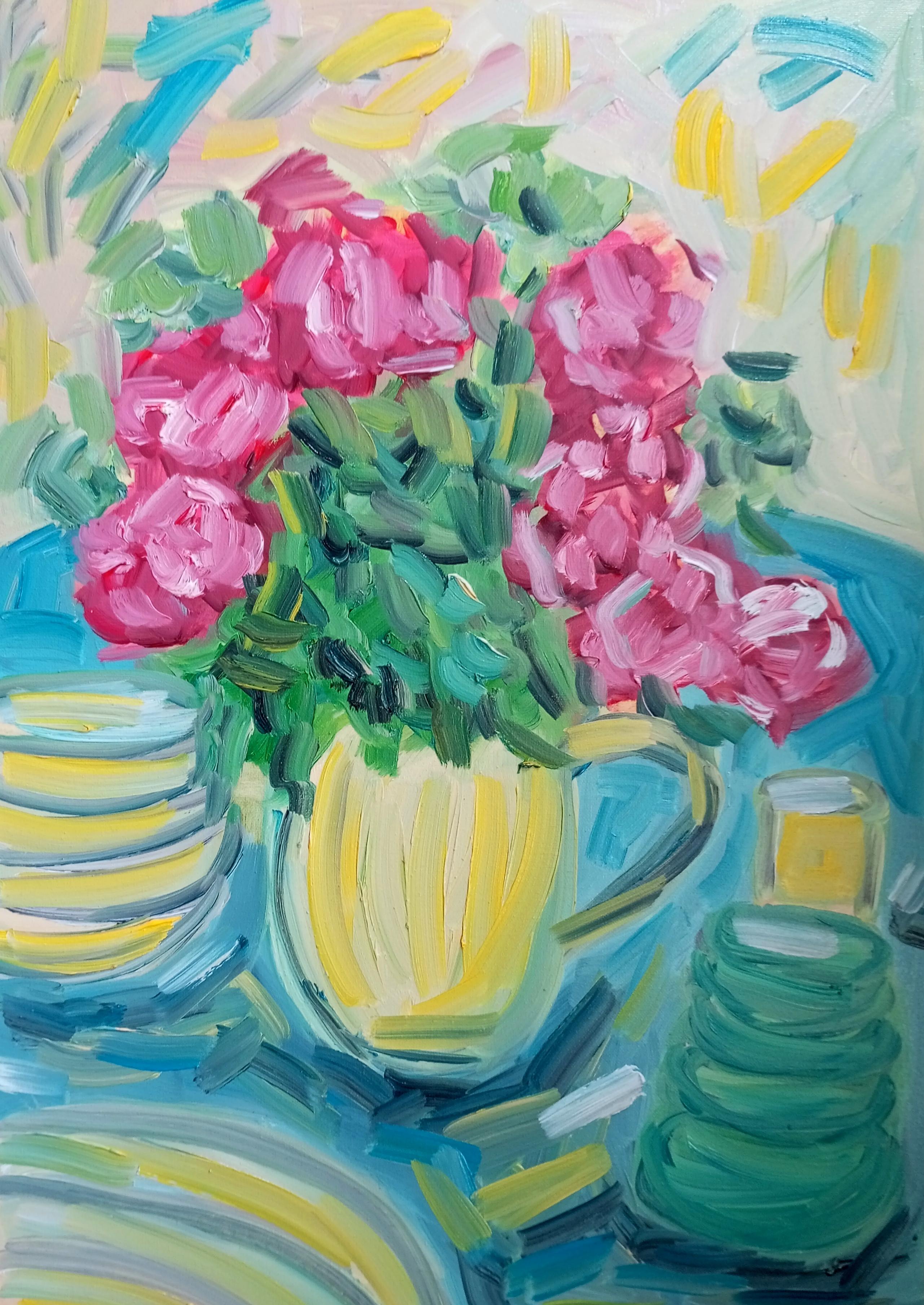 Still-Life Painting Natalya Mougenot  - Ma belle table d'été avec des roses rouges ( peinture à l'huile florale contemporaine )