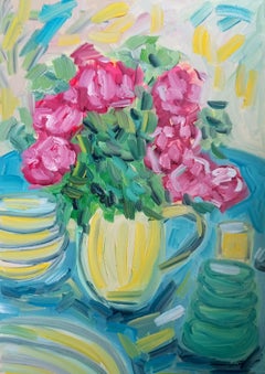 Ma belle table d'été avec des roses rouges ( peinture à l'huile florale contemporaine )