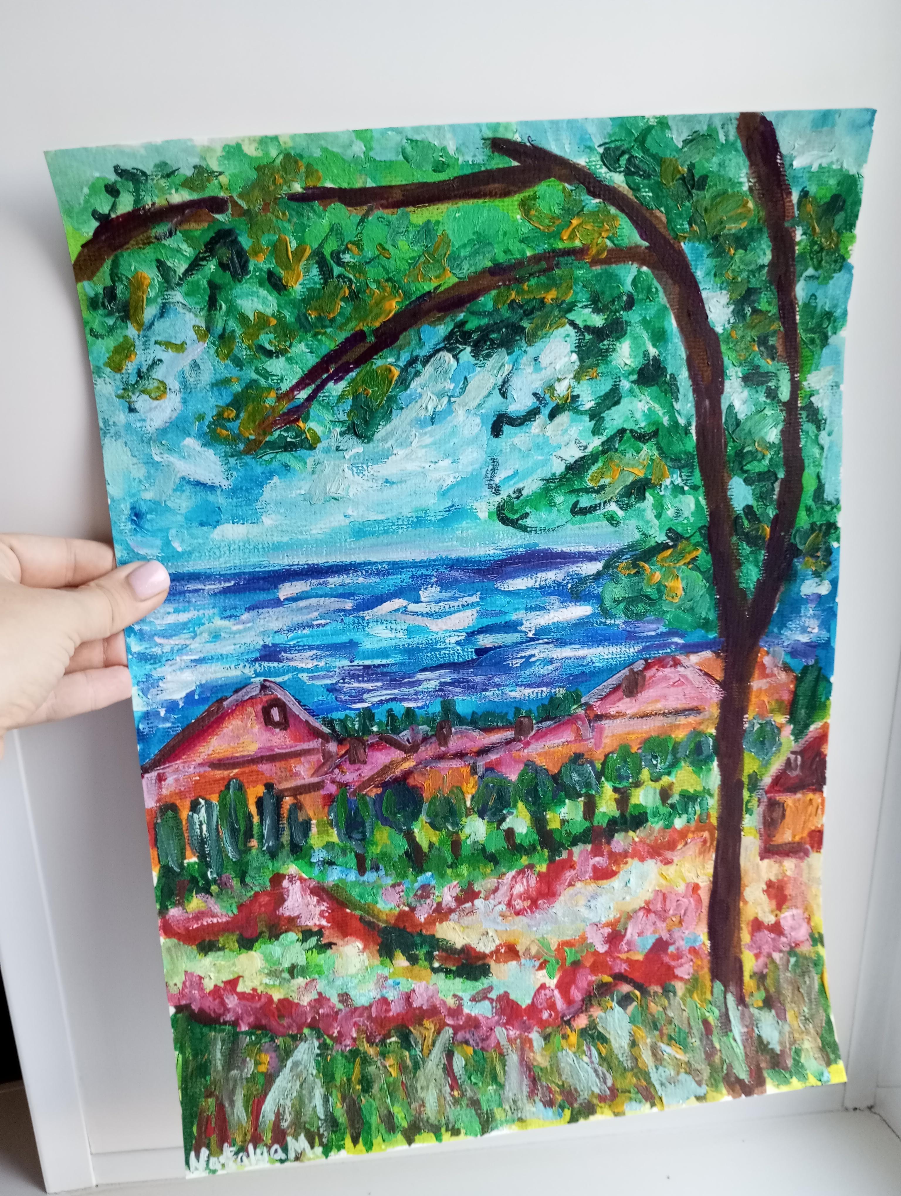 Contemporary impressionist seascape nature acrylic painting on paper For Sale 6