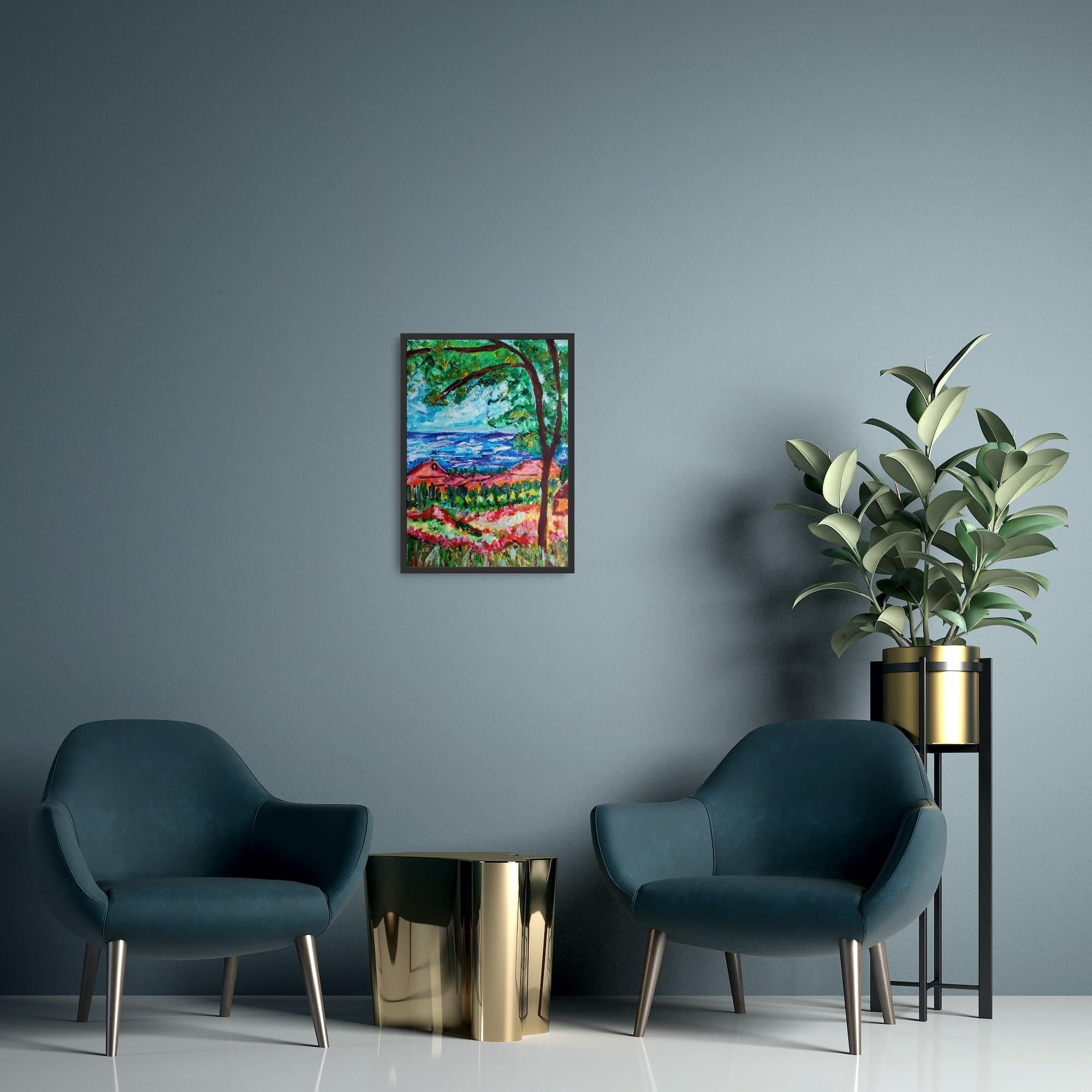 Contemporary impressionist seascape nature acrylic painting on paper For Sale 1