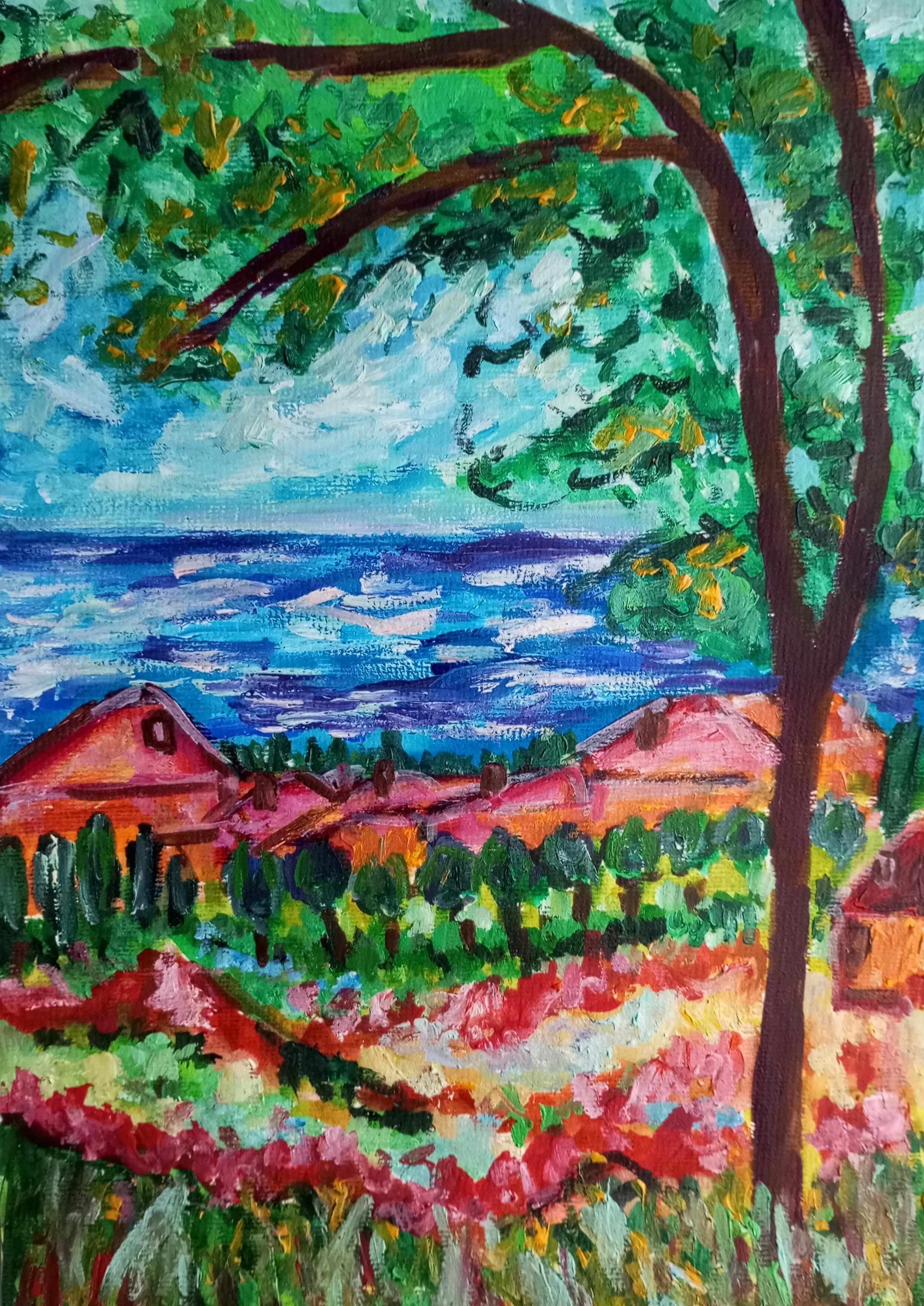 Pittura acrilica su carta di un paesaggio marino impressionista contemporaneo, Nature