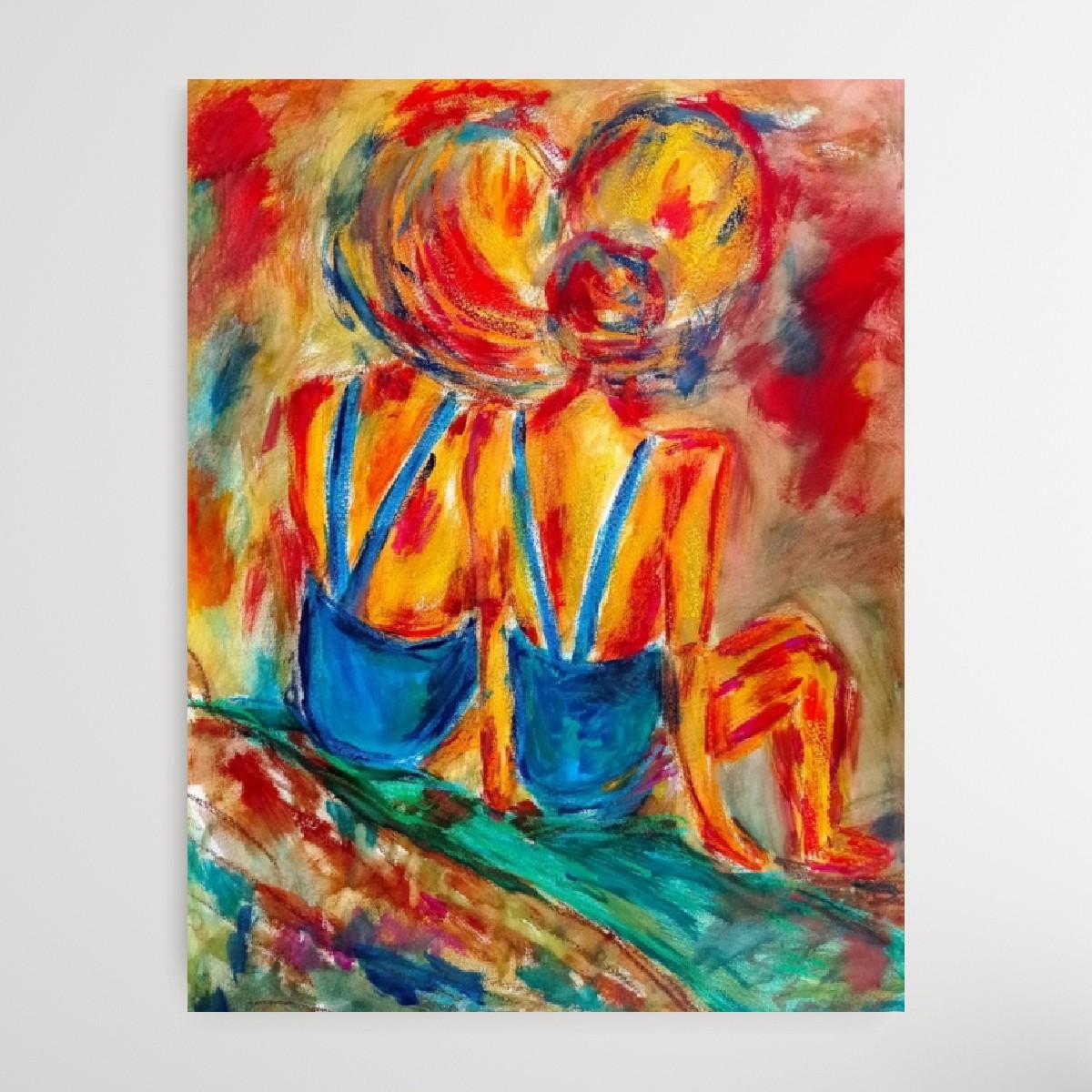 Contemporary colorful figurative art oil pastels painting of women on paper For Sale 6