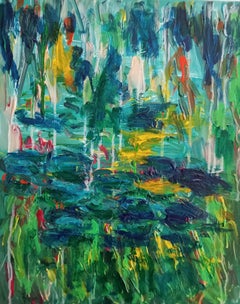 "One Instant " (Impressionist garden water lilies painting on canvas)