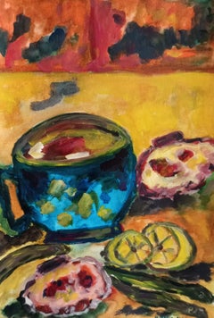 "Oysters, lemons and fish" ( contemporary figurative food painting on paper )